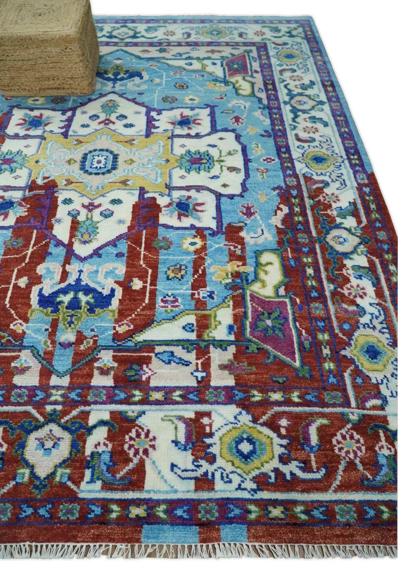 8x10 Wool Blue and Red Abstract Vibrant Colorful Hand knotted Heriz Serapi Area Rug | TRDCP306810 - Image 3