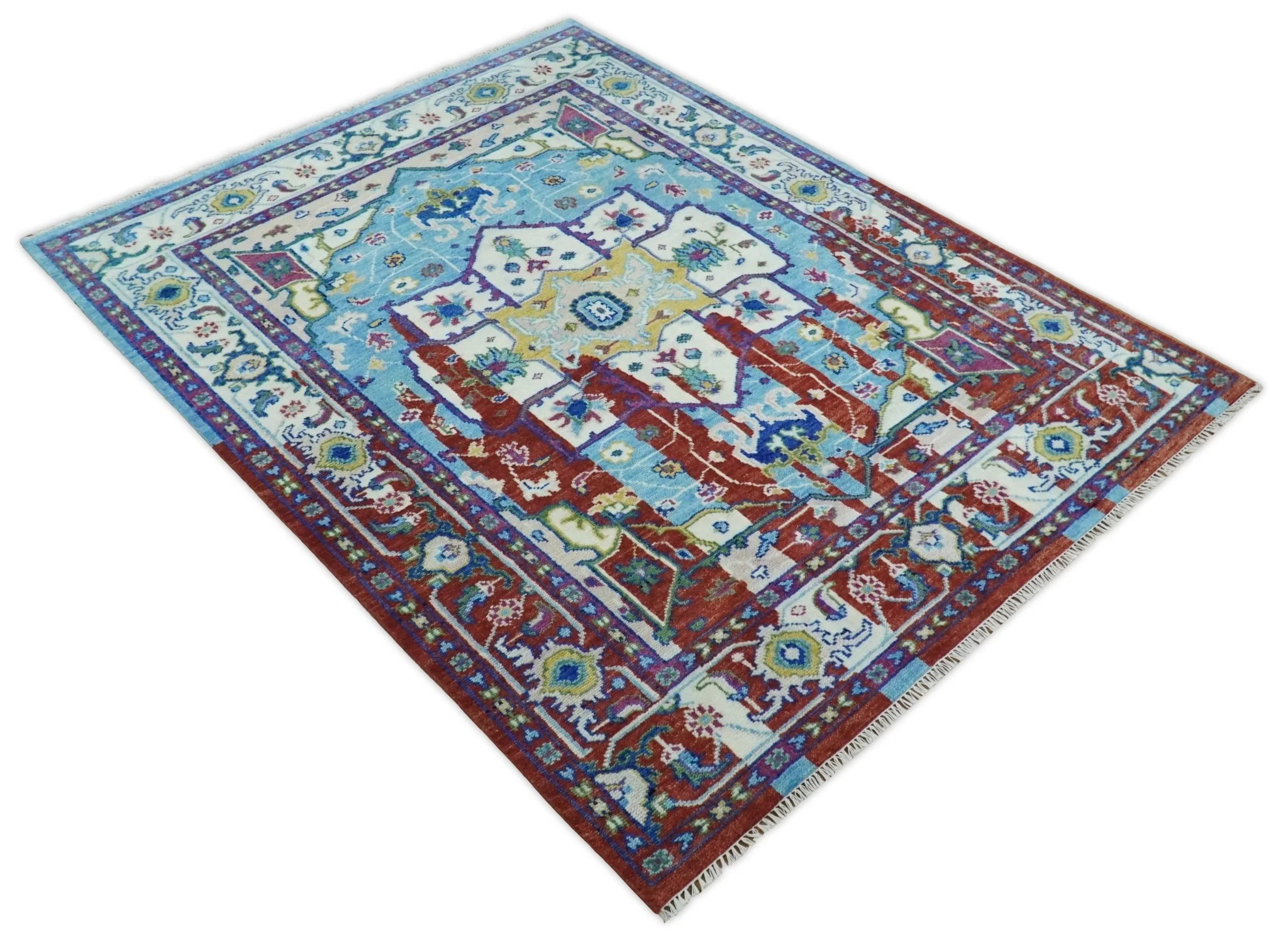 8x10 Wool Blue and Red Abstract Vibrant Colorful Hand knotted Heriz Serapi Area Rug | TRDCP306810 - Image 4