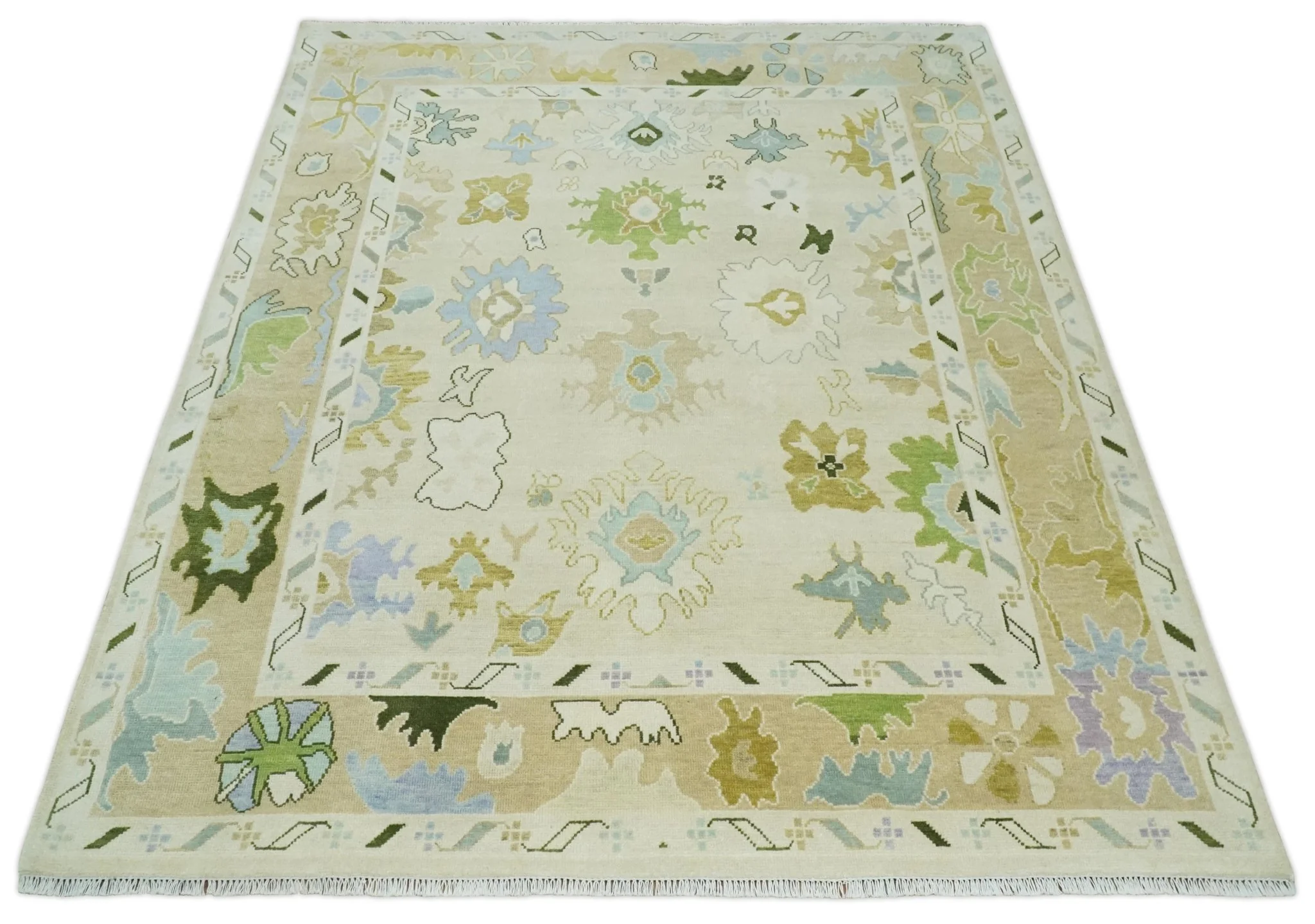 Fine Antique 8x10 Wool Traditional Persian Beige and Camel Hand knotted Oushak Area Rug | TRDCP1049810 - Image 8