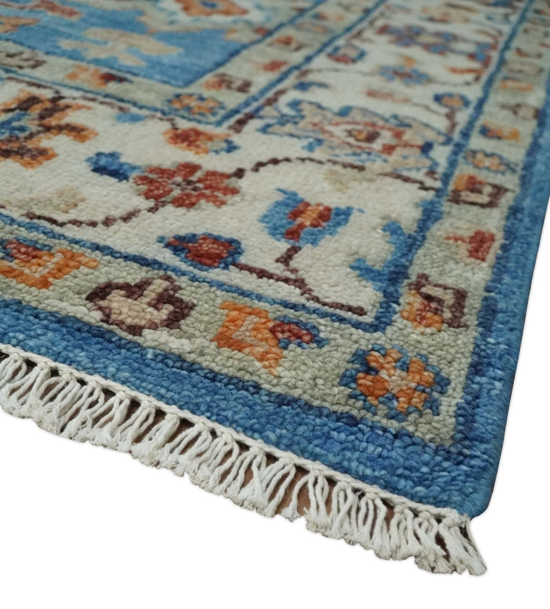 8x10 Wool Traditional Persian Blue and Ivory Vibrant Colorful Hand knotted Oushak Area Rug | TRD2741810S - Image 5