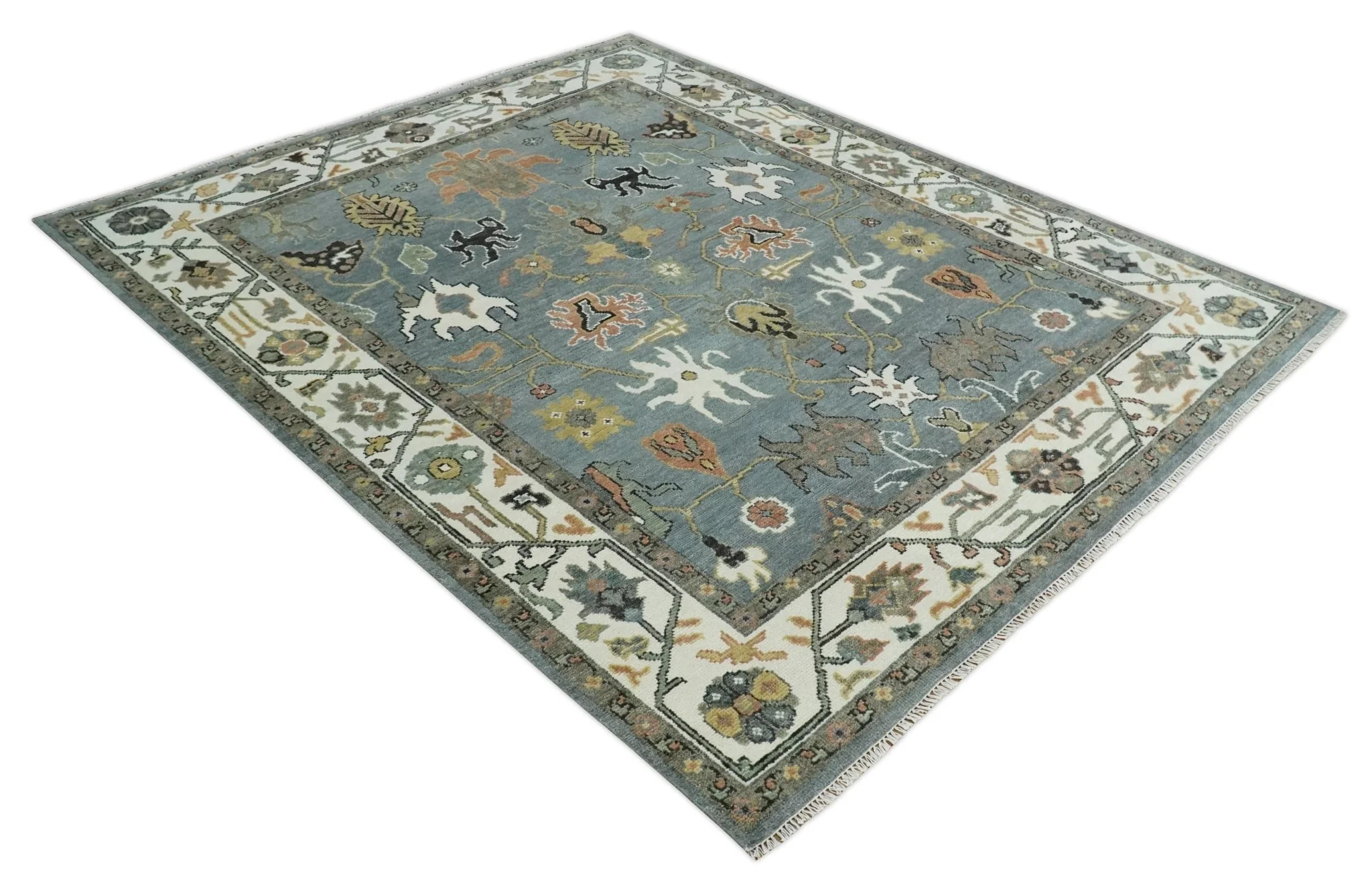 8x10 Wool Traditional Ivory and Gray Vibrant Colorful Hand knotted Oushak Area Rug | TRDCP1304810 - Image 10