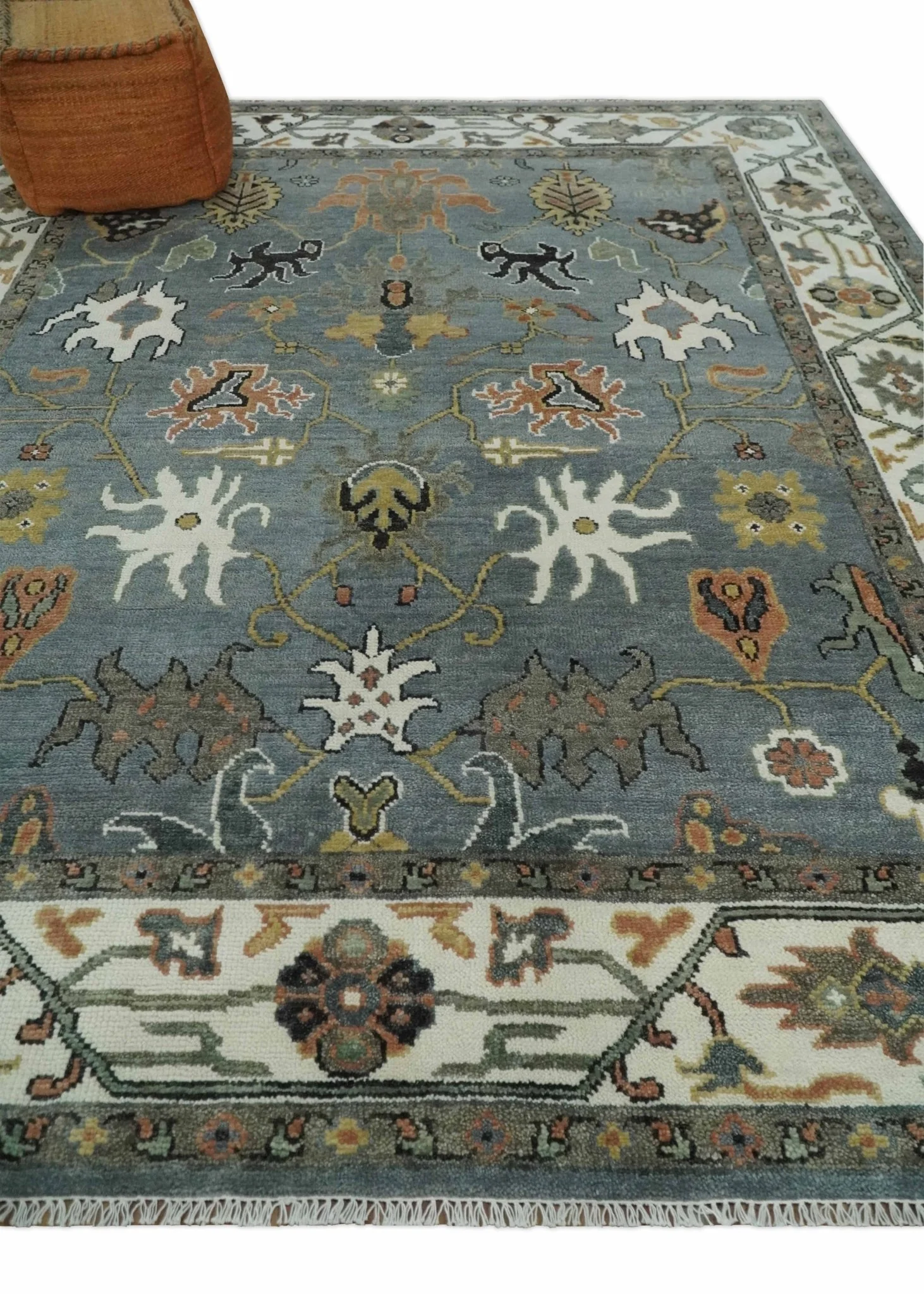 8x10 Wool Traditional Ivory and Gray Vibrant Colorful Hand knotted Oushak Area Rug | TRDCP1304810 - Image 3