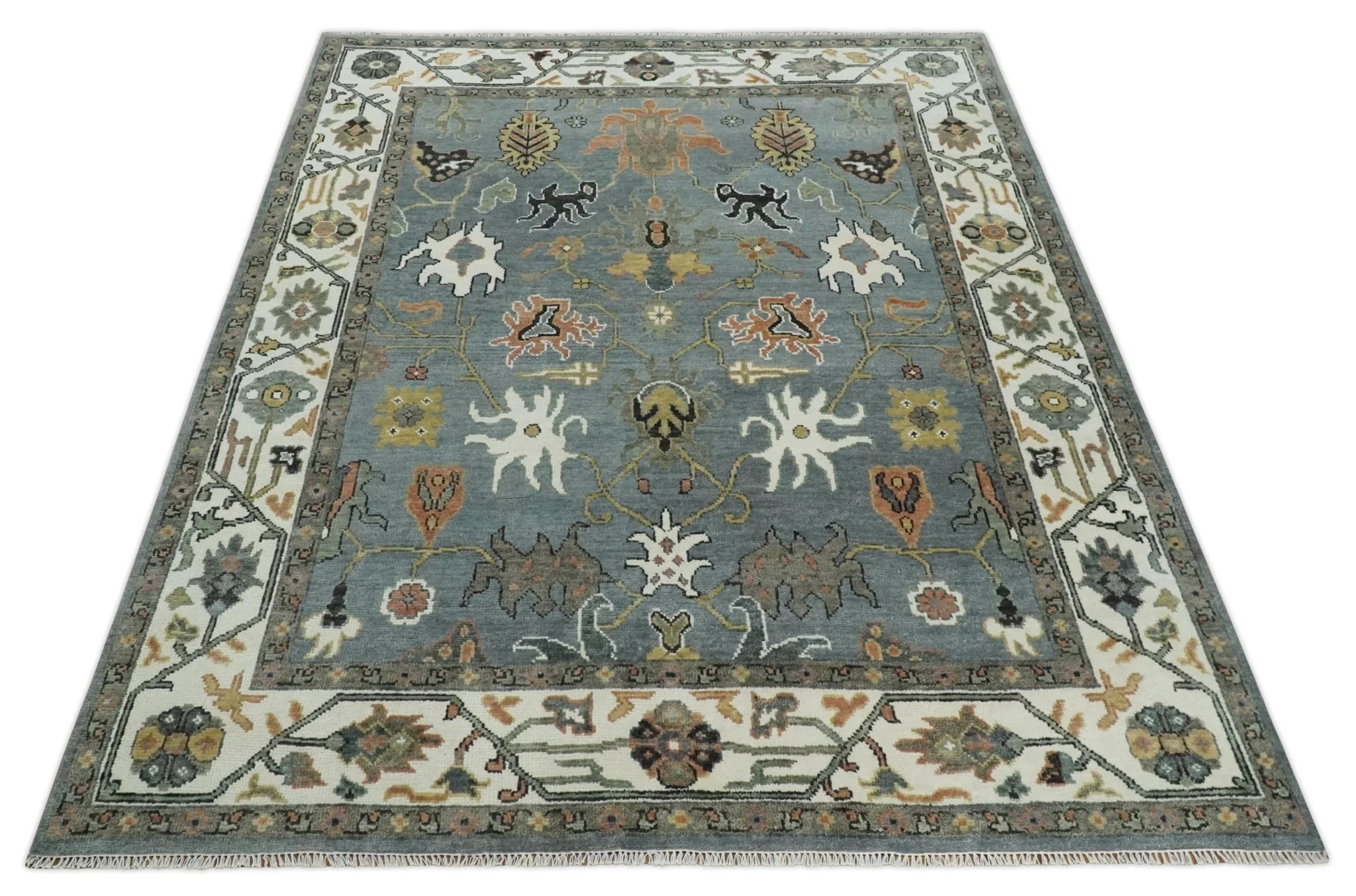 8x10 Wool Traditional Ivory and Gray Vibrant Colorful Hand knotted Oushak Area Rug | TRDCP1304810 - Image 9