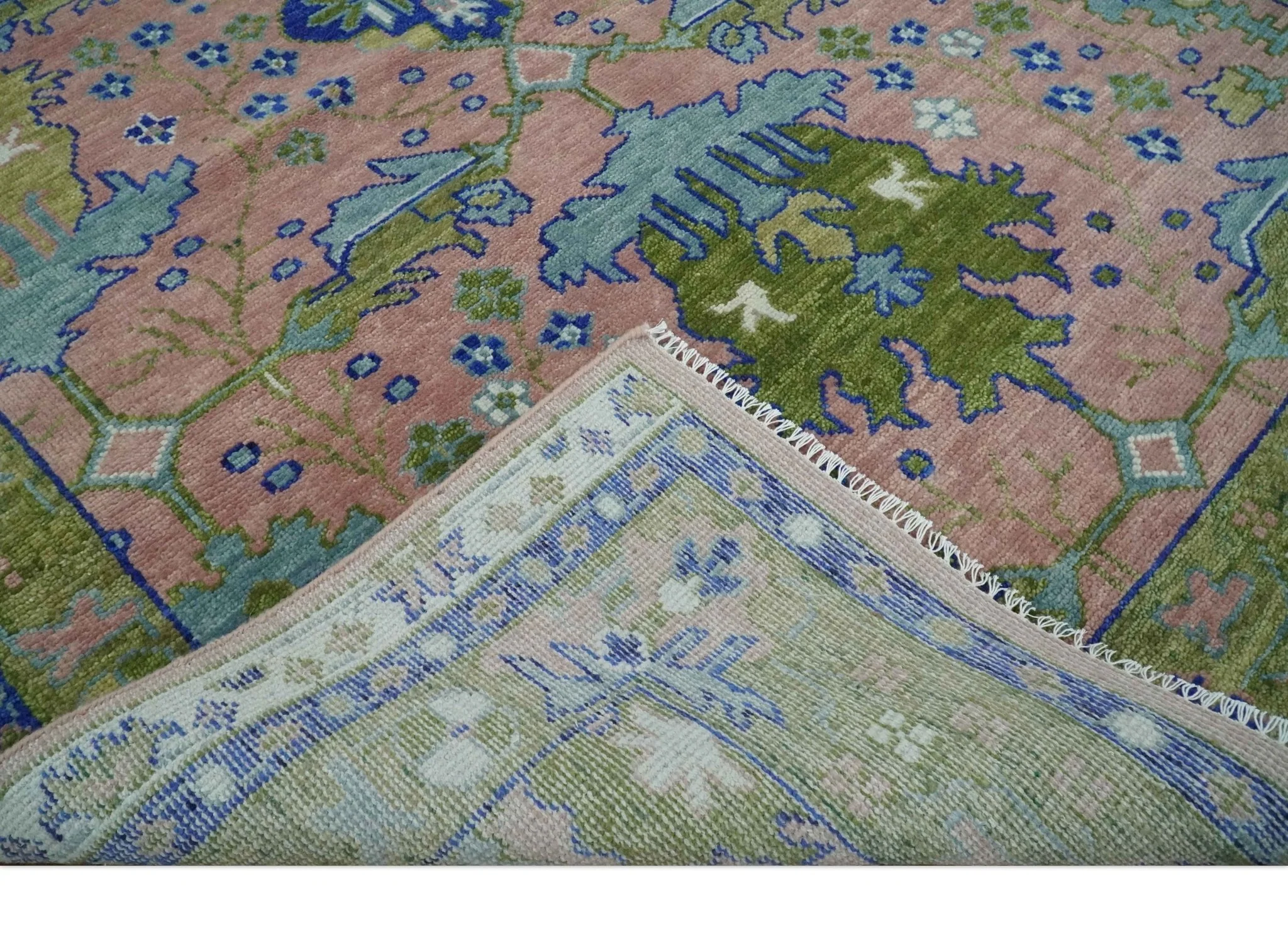 8x10 Wool Traditional Peach, Green and Blue Hand knotted Oushak Area Rug - Image 7