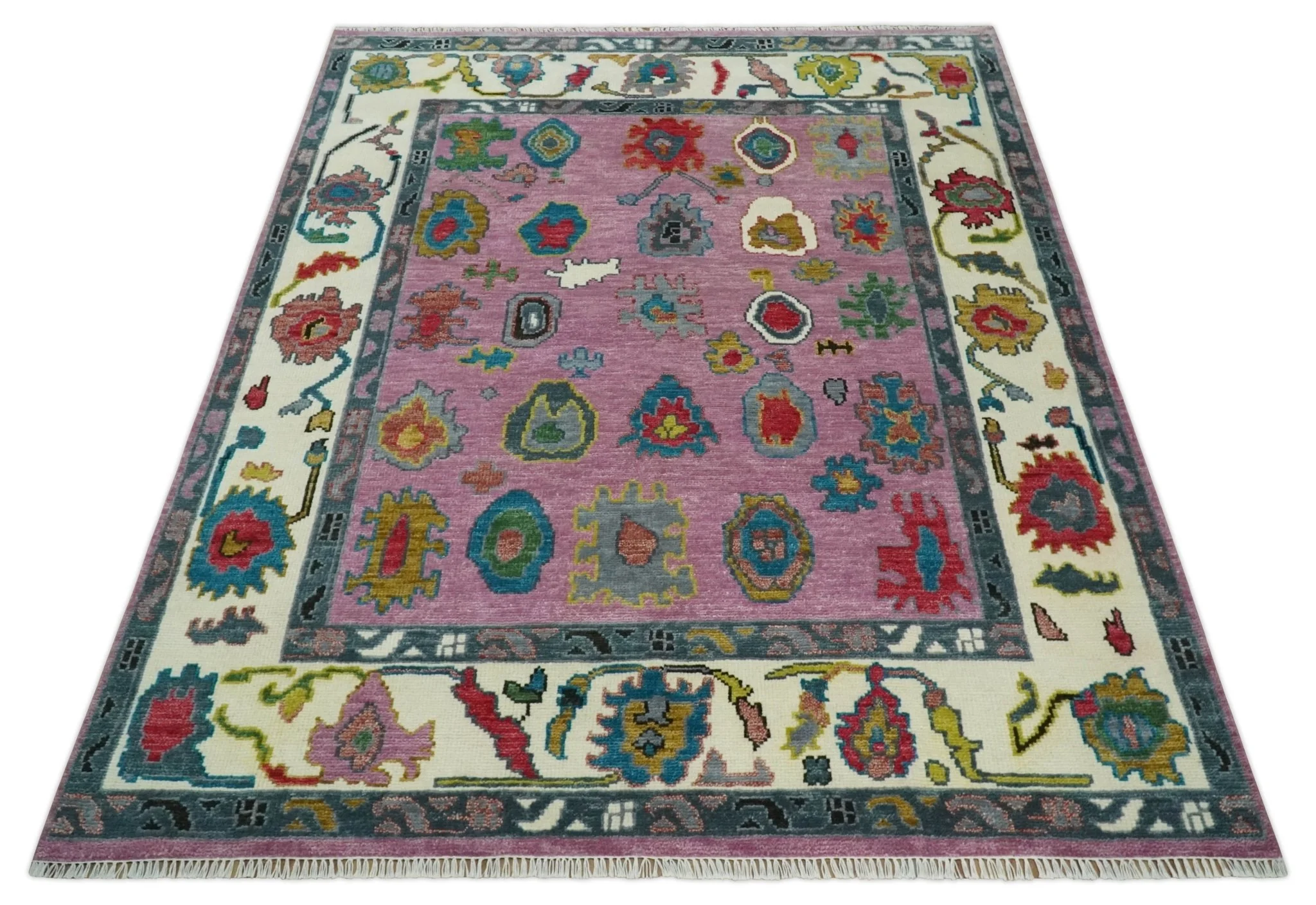 8x10 Wool Traditional Persian Purple and Ivory Vibrant Colorful Hand knotted Oushak Area Rug | TRDCP1125810S - Image 10