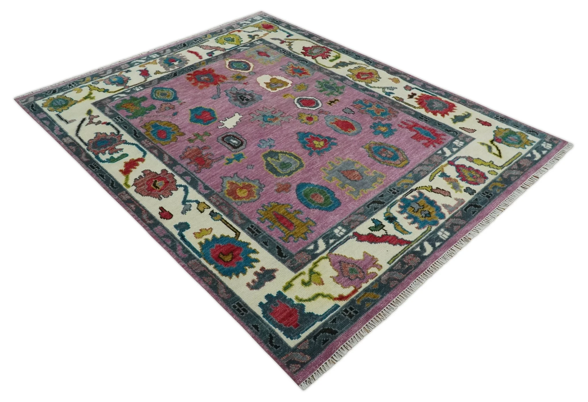 8x10 Wool Traditional Persian Purple and Ivory Vibrant Colorful Hand knotted Oushak Area Rug | TRDCP1125810S - Image 8