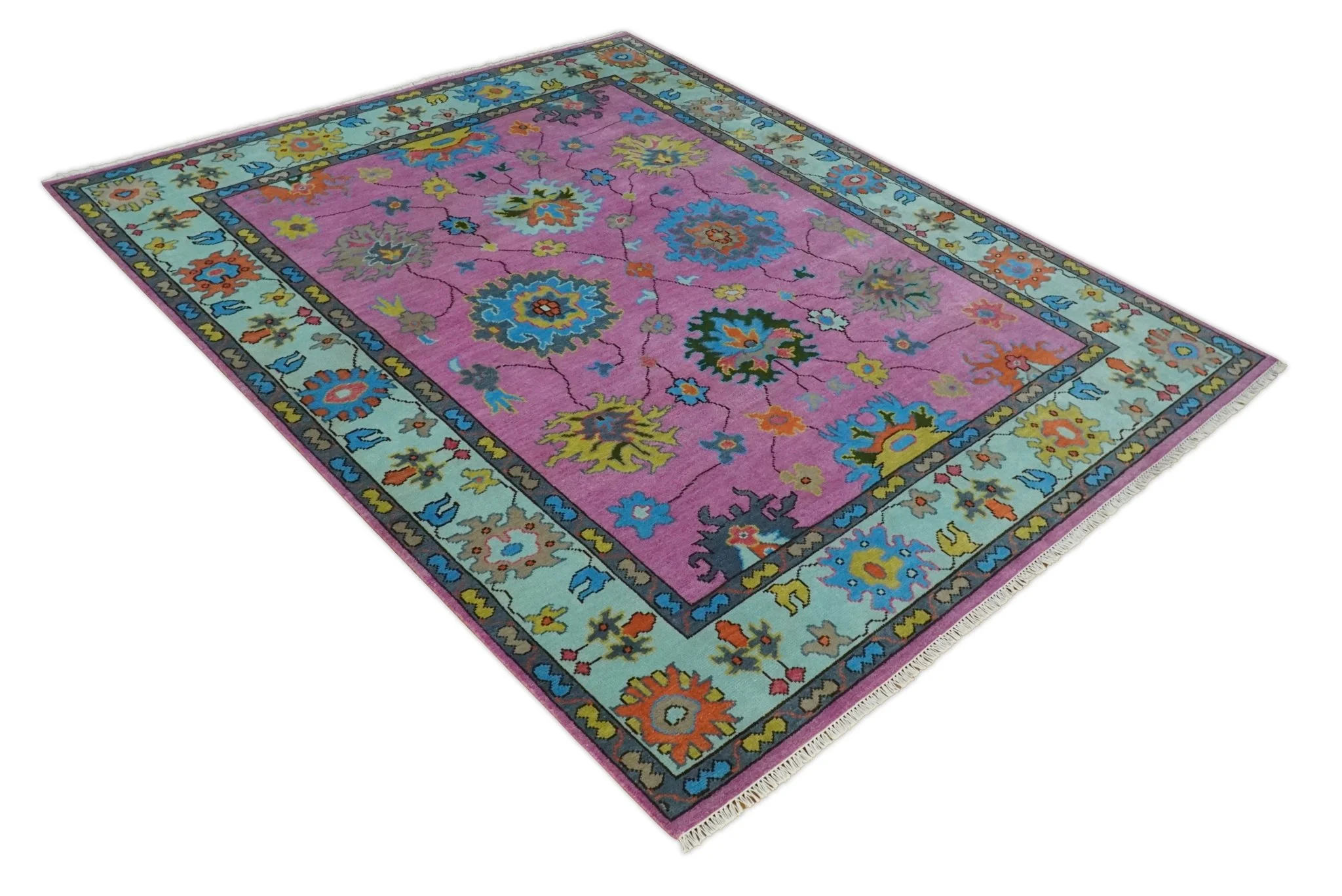 8x10 Wool Traditional Persian Pink, Gray and Blue Vibrant Colorful Hand knotted Oushak Area Rug | TRDCP844810 - Image 10