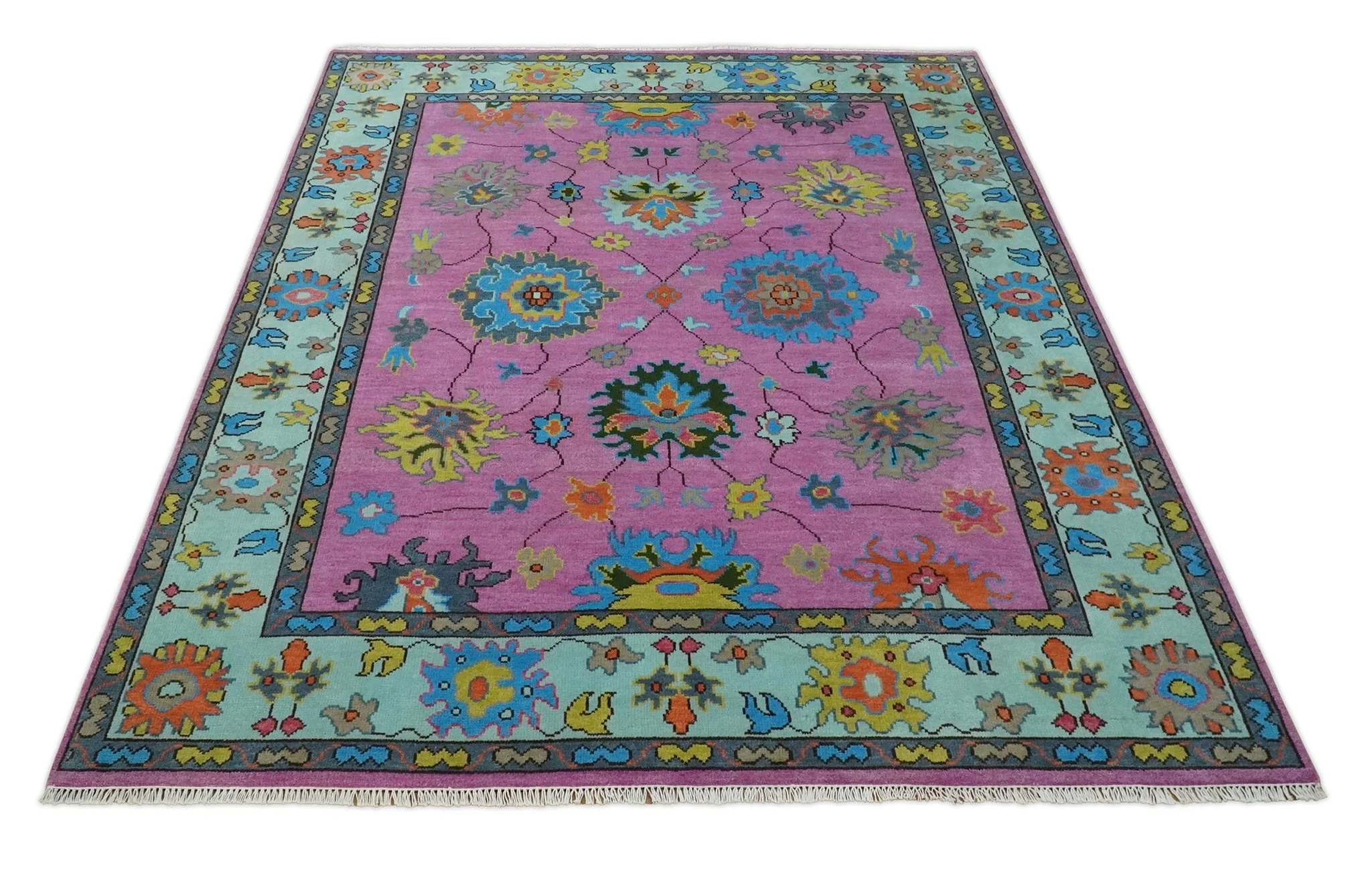 8x10 Wool Traditional Persian Pink, Gray and Blue Vibrant Colorful Hand knotted Oushak Area Rug | TRDCP844810 - Image 11