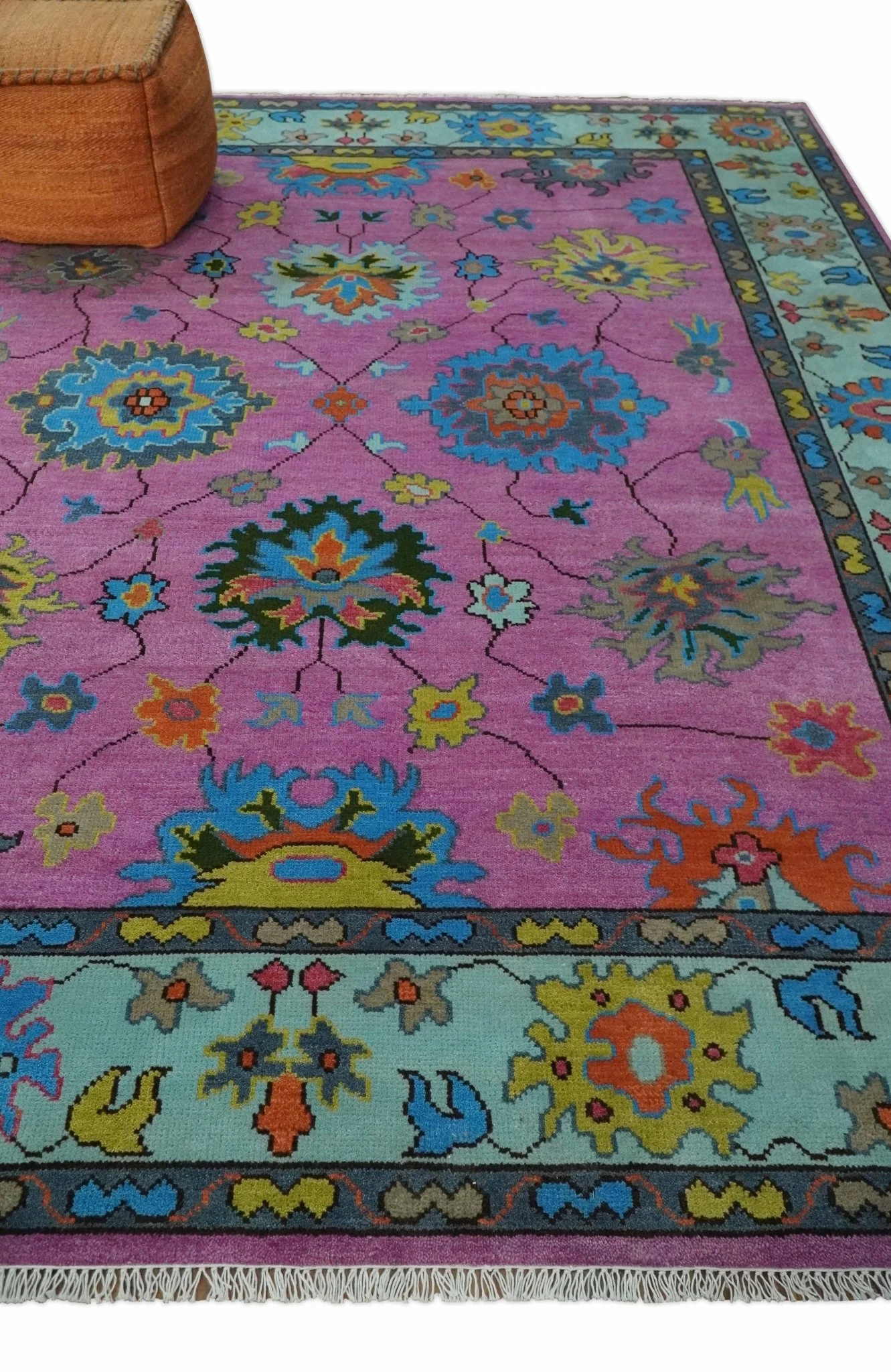 8x10 Wool Traditional Persian Pink, Gray and Blue Vibrant Colorful Hand knotted Oushak Area Rug | TRDCP844810 - Image 3