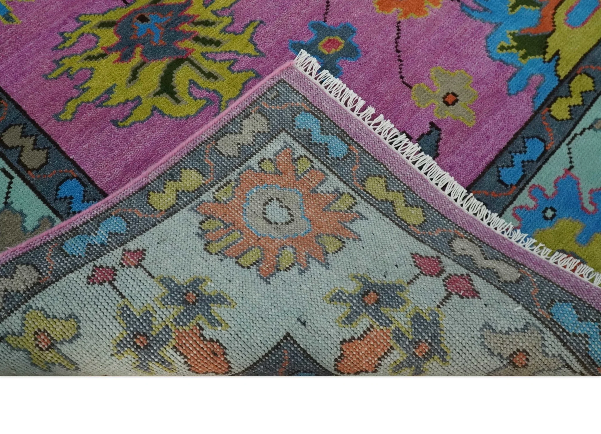 8x10 Wool Traditional Persian Pink, Gray and Blue Vibrant Colorful Hand knotted Oushak Area Rug | TRDCP844810 - Image 5