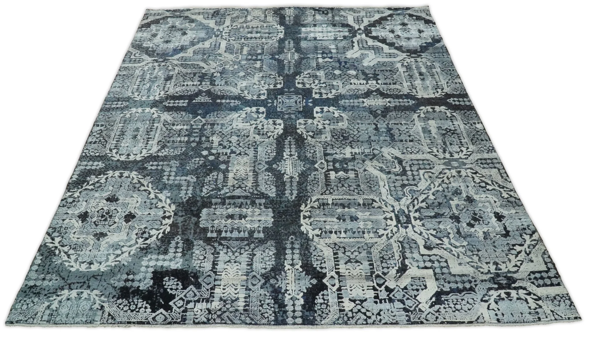Blue and Silver 8x10 Rug Traditional Handmade Wool and Bamboo Silk Area Rug | TRD1786810 - Image 10