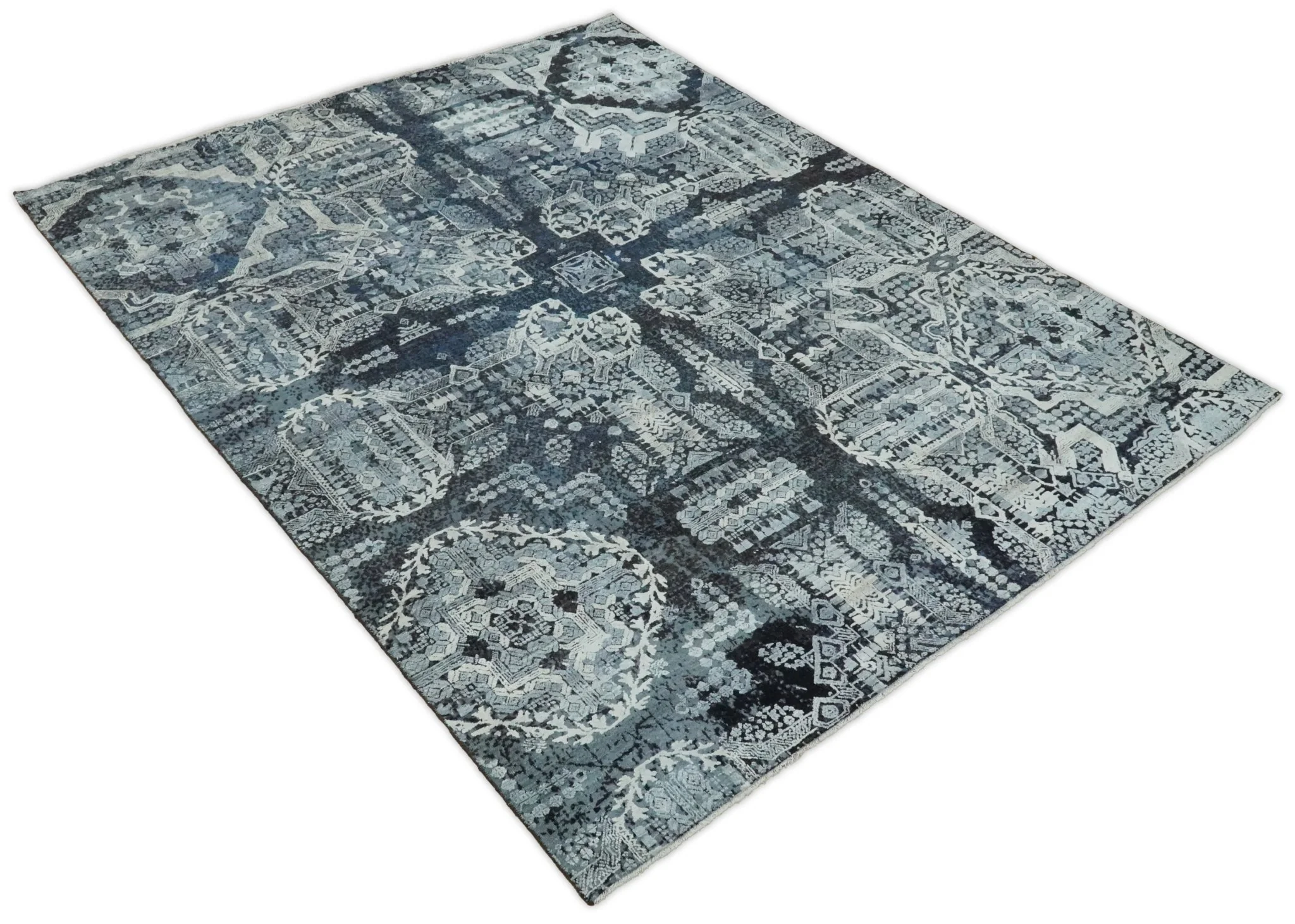 Blue and Silver 8x10 Rug Traditional Handmade Wool and Bamboo Silk Area Rug | TRD1786810 - Image 9
