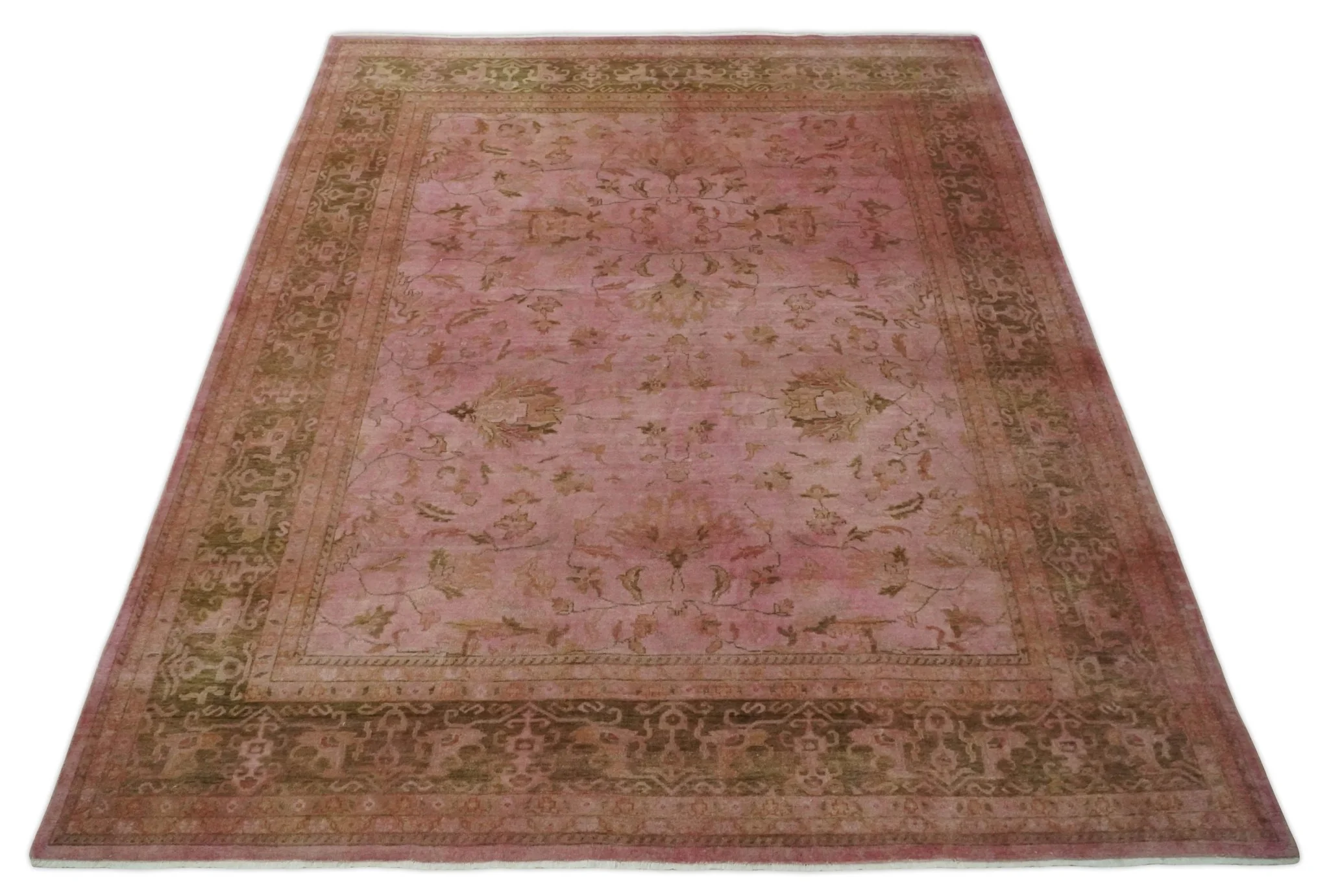 Overdyed 8x11 Hand Knotted Pink and Brown Traditional Oushak Wool Rug - Image 9