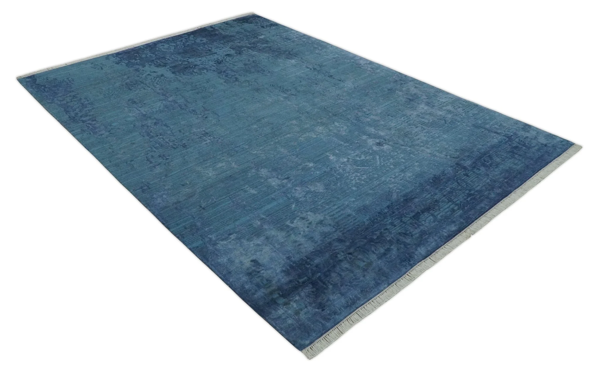 Transitional 8x11 Ivory and Blue Modern Abstract Hand knotted Wool and Art Silk Area Rug - Image 2