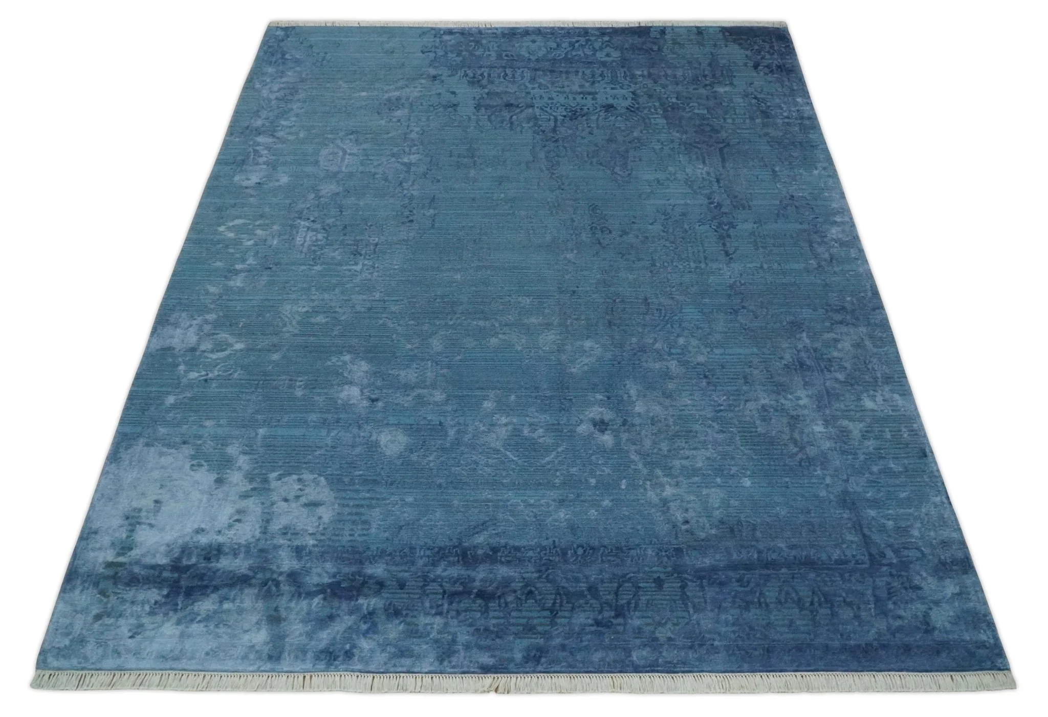 Transitional 8x11 Ivory and Blue Modern Abstract Hand knotted Wool and Art Silk Area Rug - Image 3