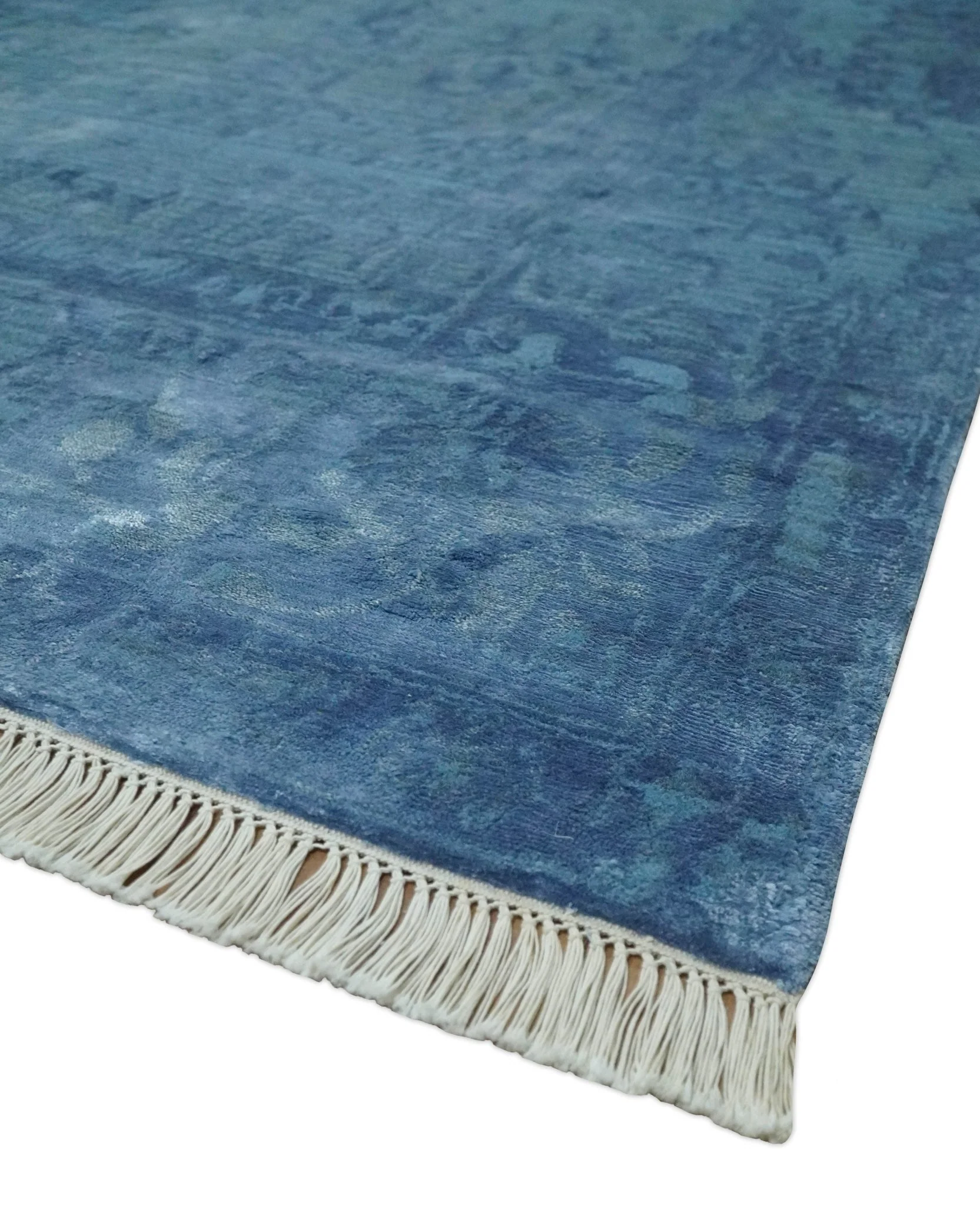 Transitional 8x11 Ivory and Blue Modern Abstract Hand knotted Wool and Art Silk Area Rug - Image 4