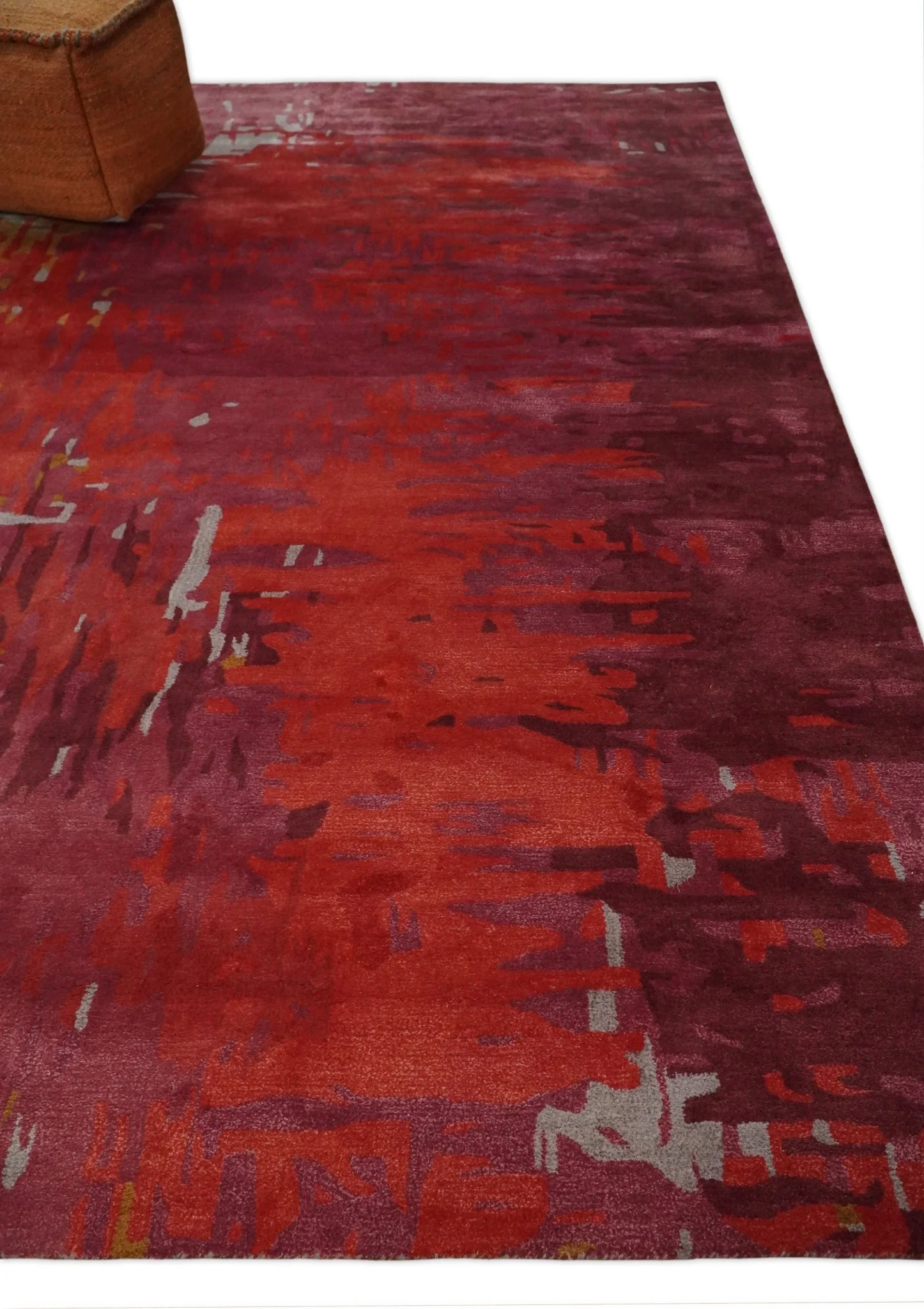 8x11 Red, Rust and Silver Modern Abstract Handmade Wool and Art Silk Area Rug | BAN1 - Image 2