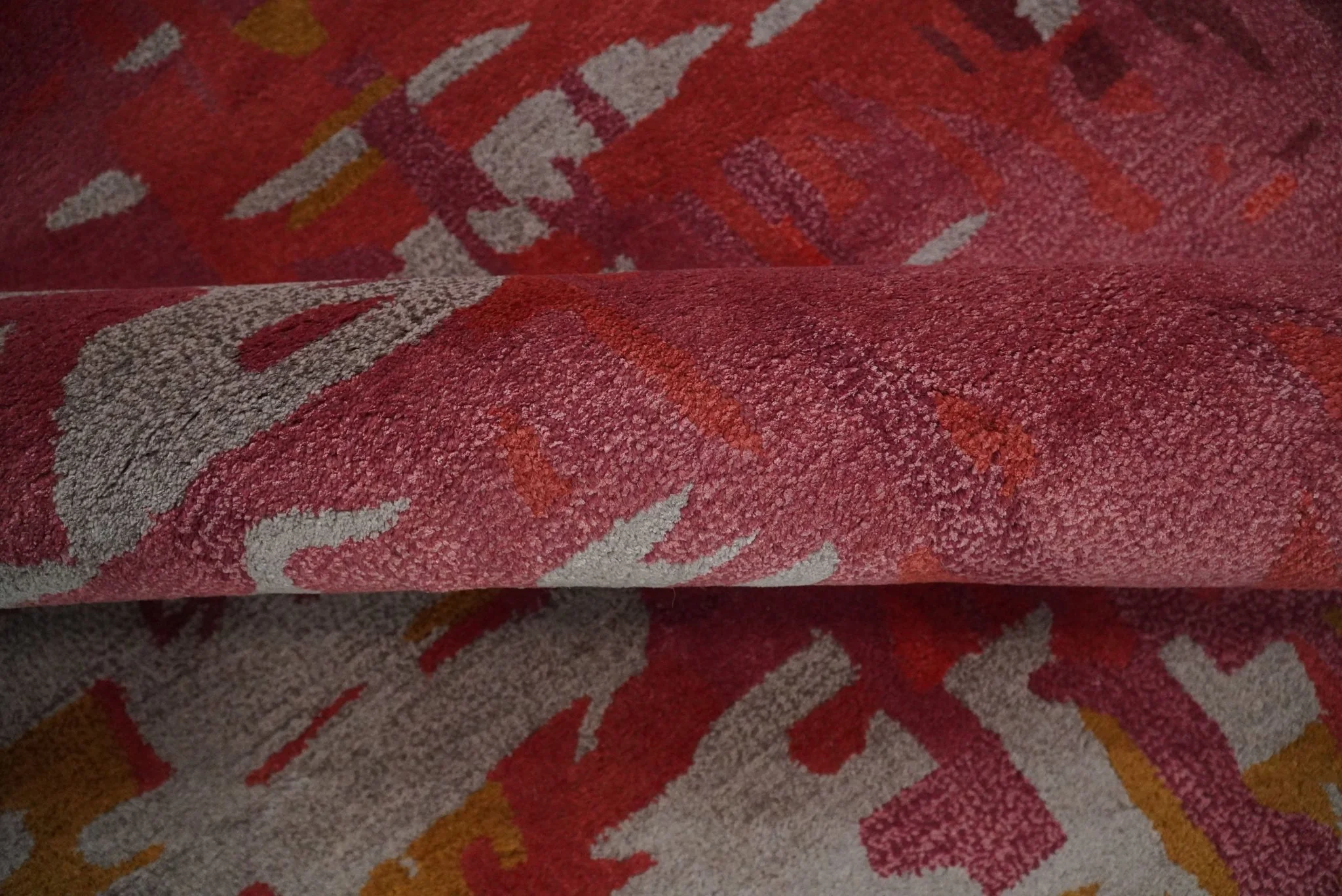 8x11 Red, Rust and Silver Modern Abstract Handmade Wool and Art Silk Area Rug | BAN1 - Image 6