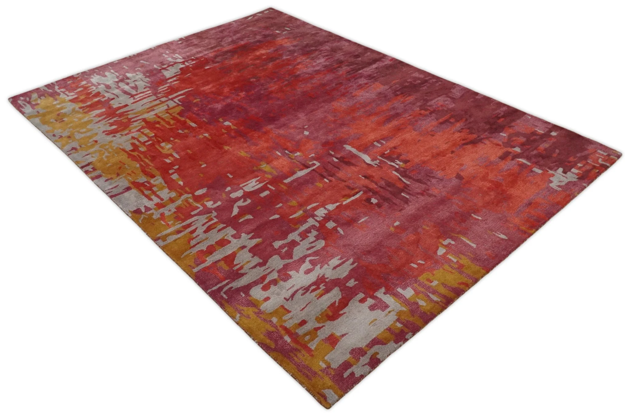 8x11 Red, Rust and Silver Modern Abstract Handmade Wool and Art Silk Area Rug | BAN1 - Image 8