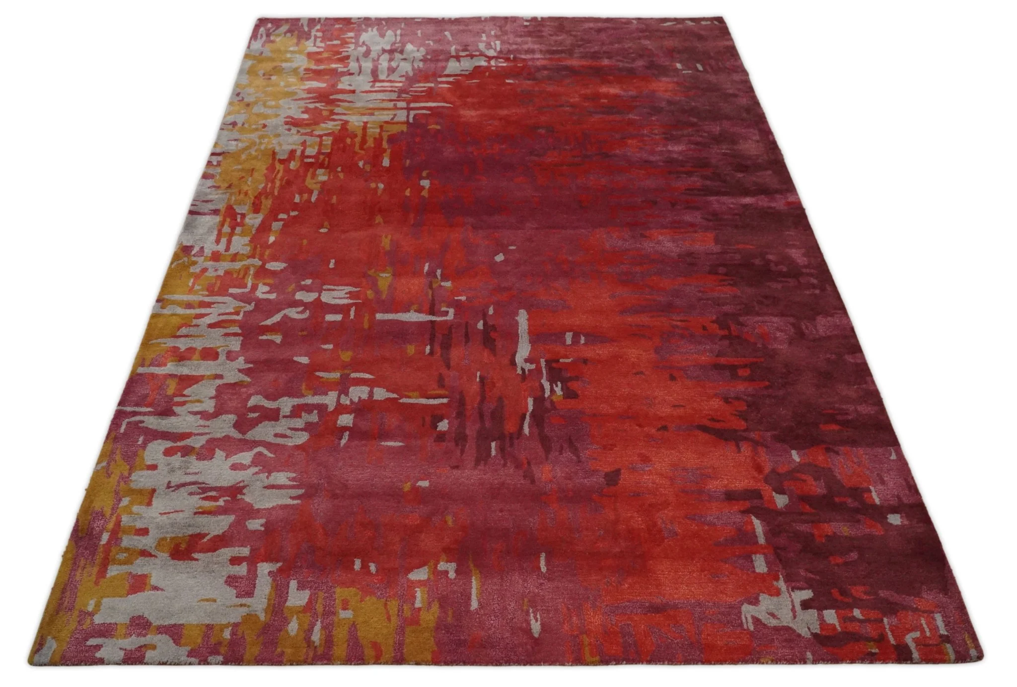 8x11 Red, Rust and Silver Modern Abstract Handmade Wool and Art Silk Area Rug | BAN1 - Image 9
