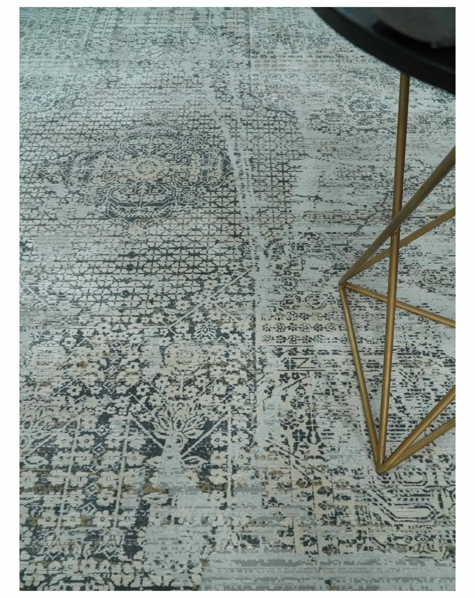 8x8 Round Beige, Gray and Charcoal Antique Finish, Vintage look, Art Silk Area Rug, Living Room Rug | TRDMM8 - Image 2