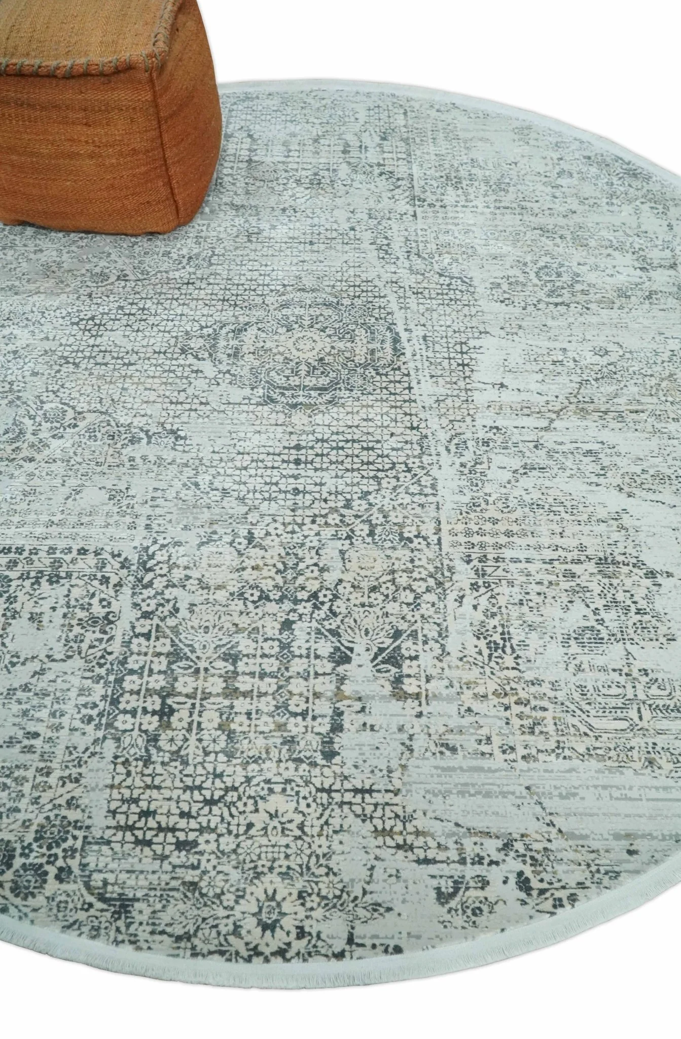 8x8 Round Beige, Gray and Charcoal Antique Finish, Vintage look, Art Silk Area Rug, Living Room Rug | TRDMM8 - Image 3