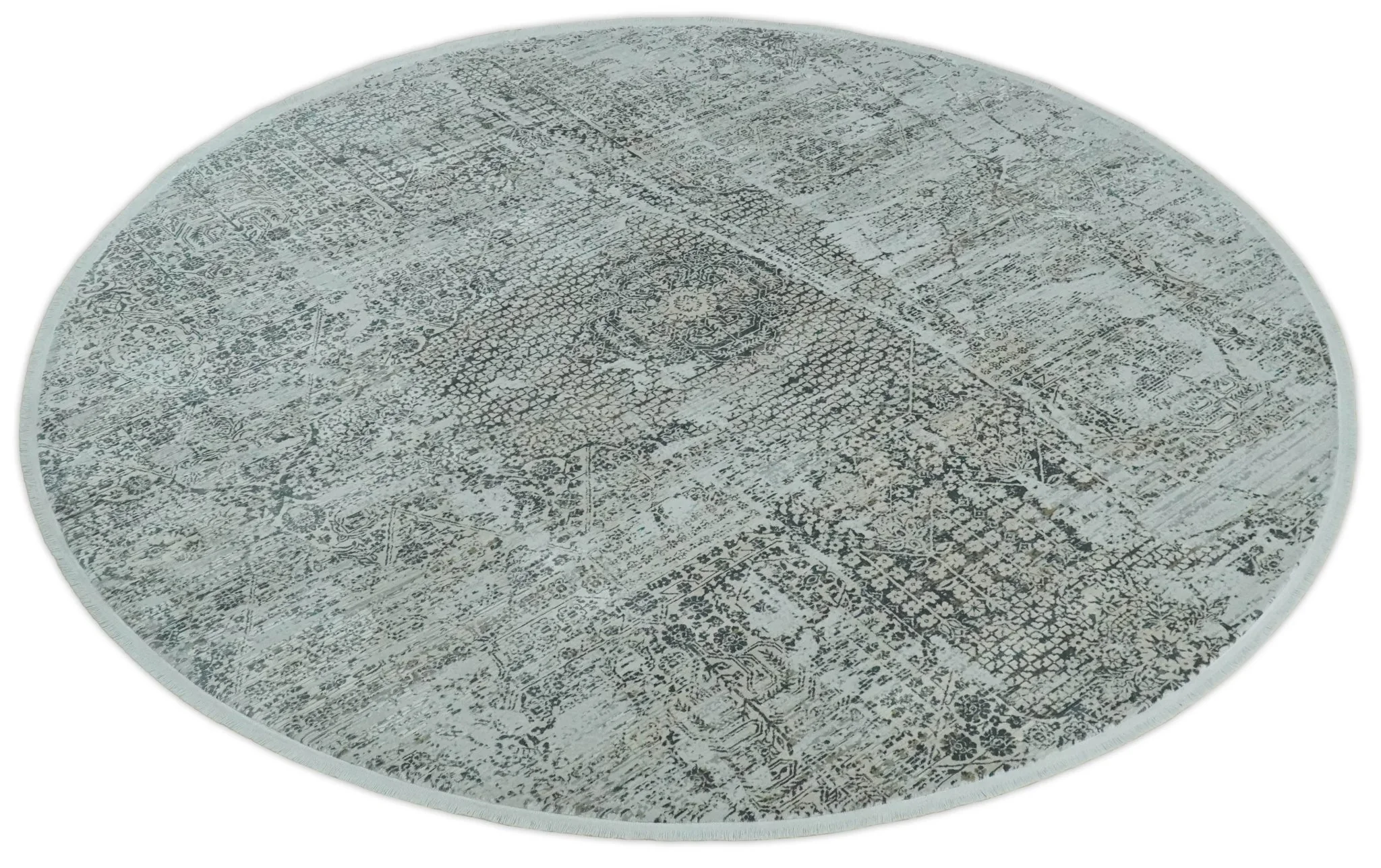 8x8 Round Beige, Gray and Charcoal Antique Finish, Vintage look, Art Silk Area Rug, Living Room Rug | TRDMM8 - Image 4
