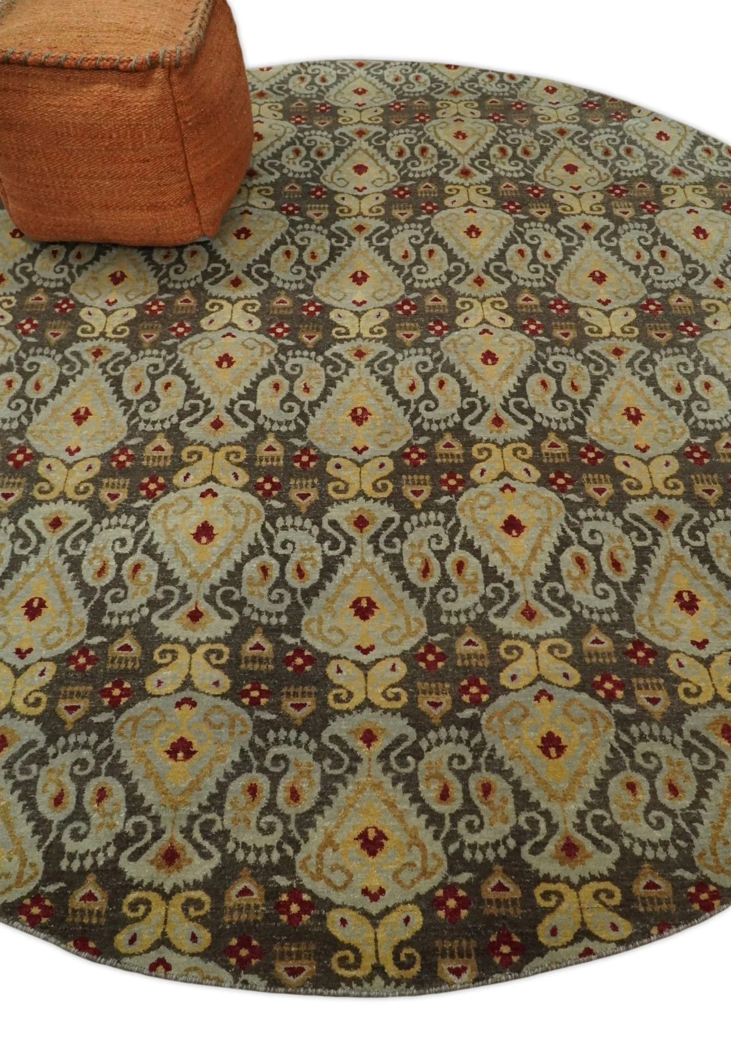 8x8 Round Fine Hand Knotted Brown and Beige Traditional Vintage Persian Style Antique Wool Rug | AGR48 - Image 3