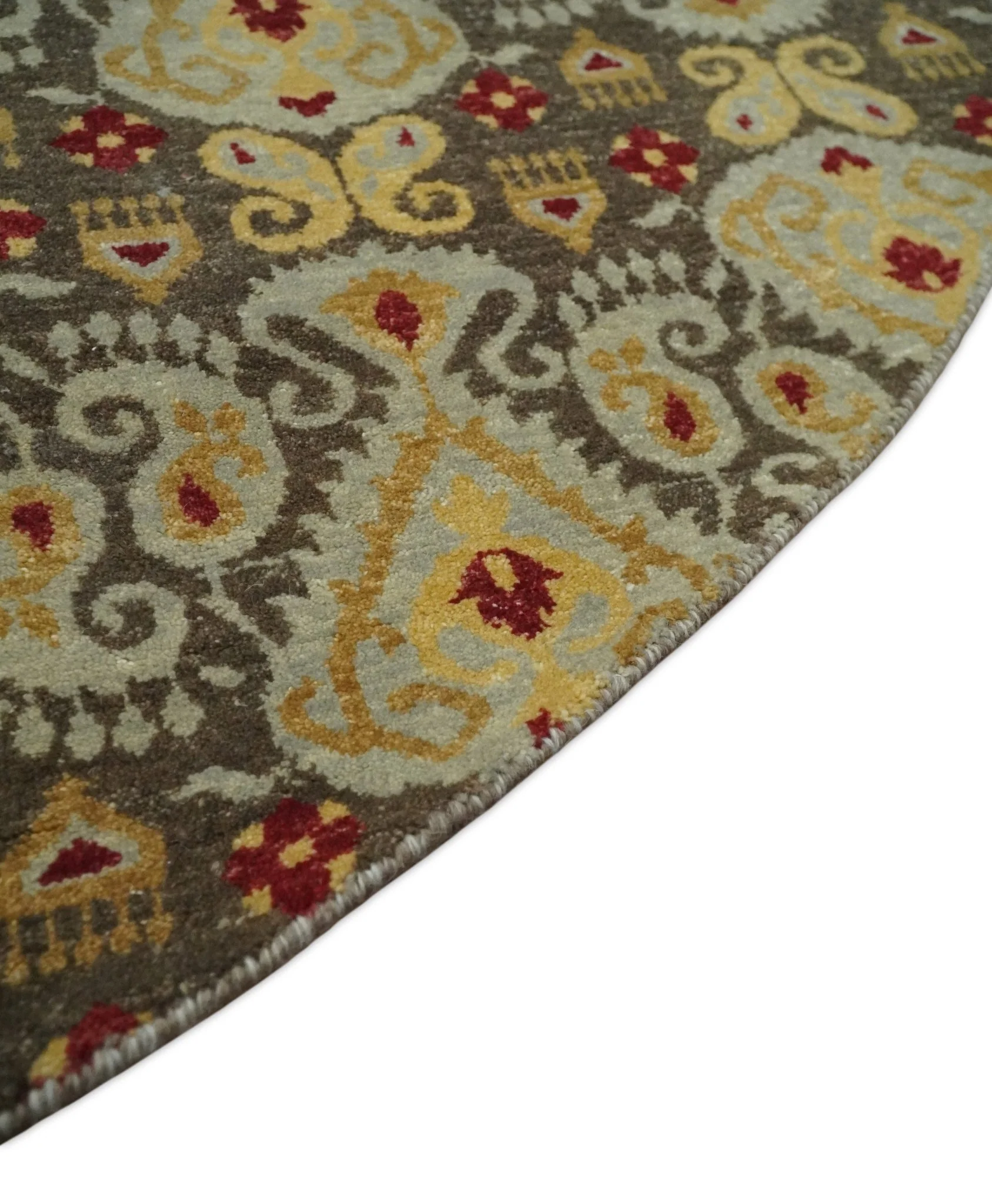 8x8 Round Fine Hand Knotted Brown and Beige Traditional Vintage Persian Style Antique Wool Rug | AGR48 - Image 5