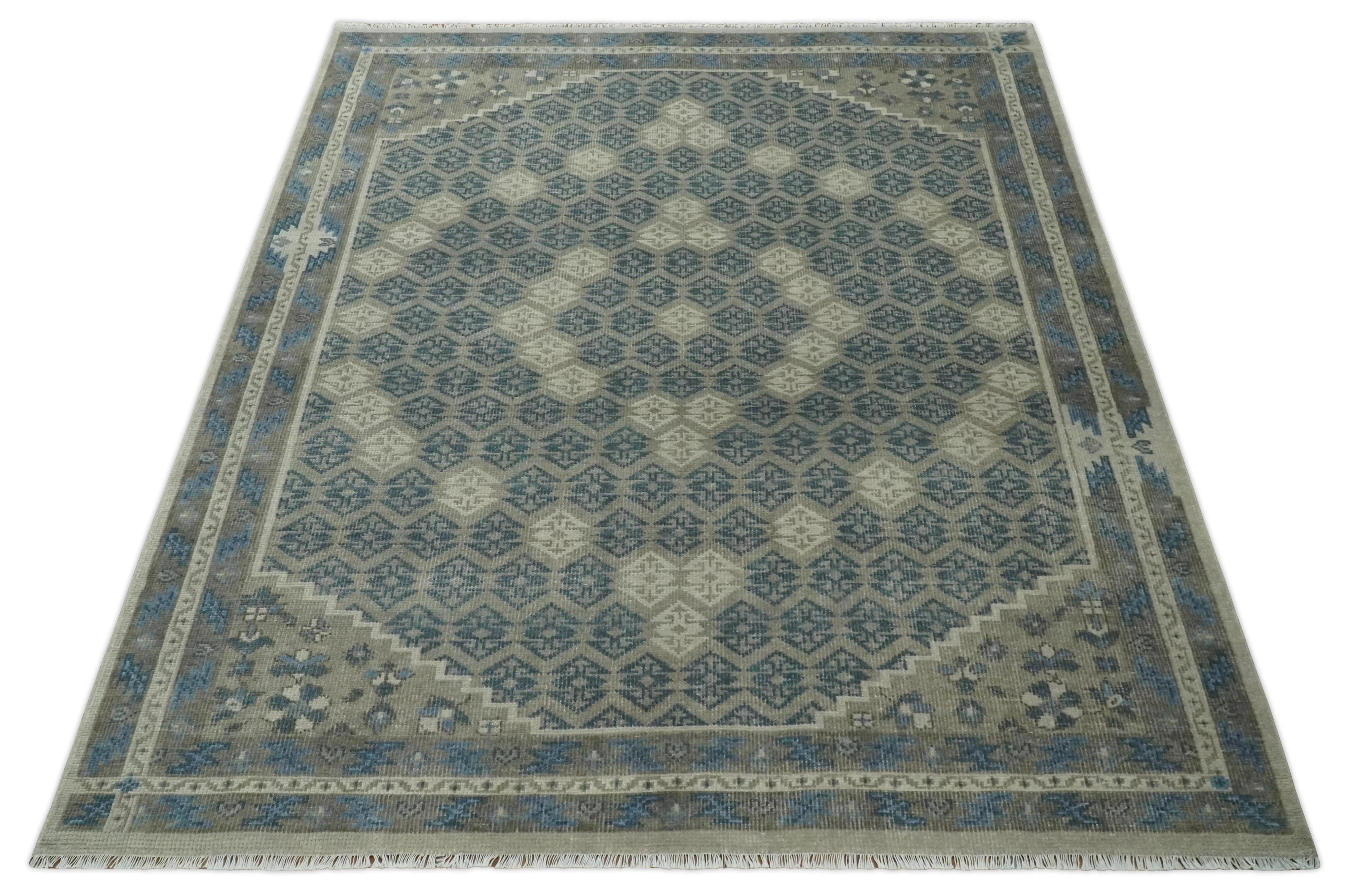 8x9.9 Gray, Ivory and Beige Honeycomb Traditional Hand Knotted Wool Area Rug - Image 10