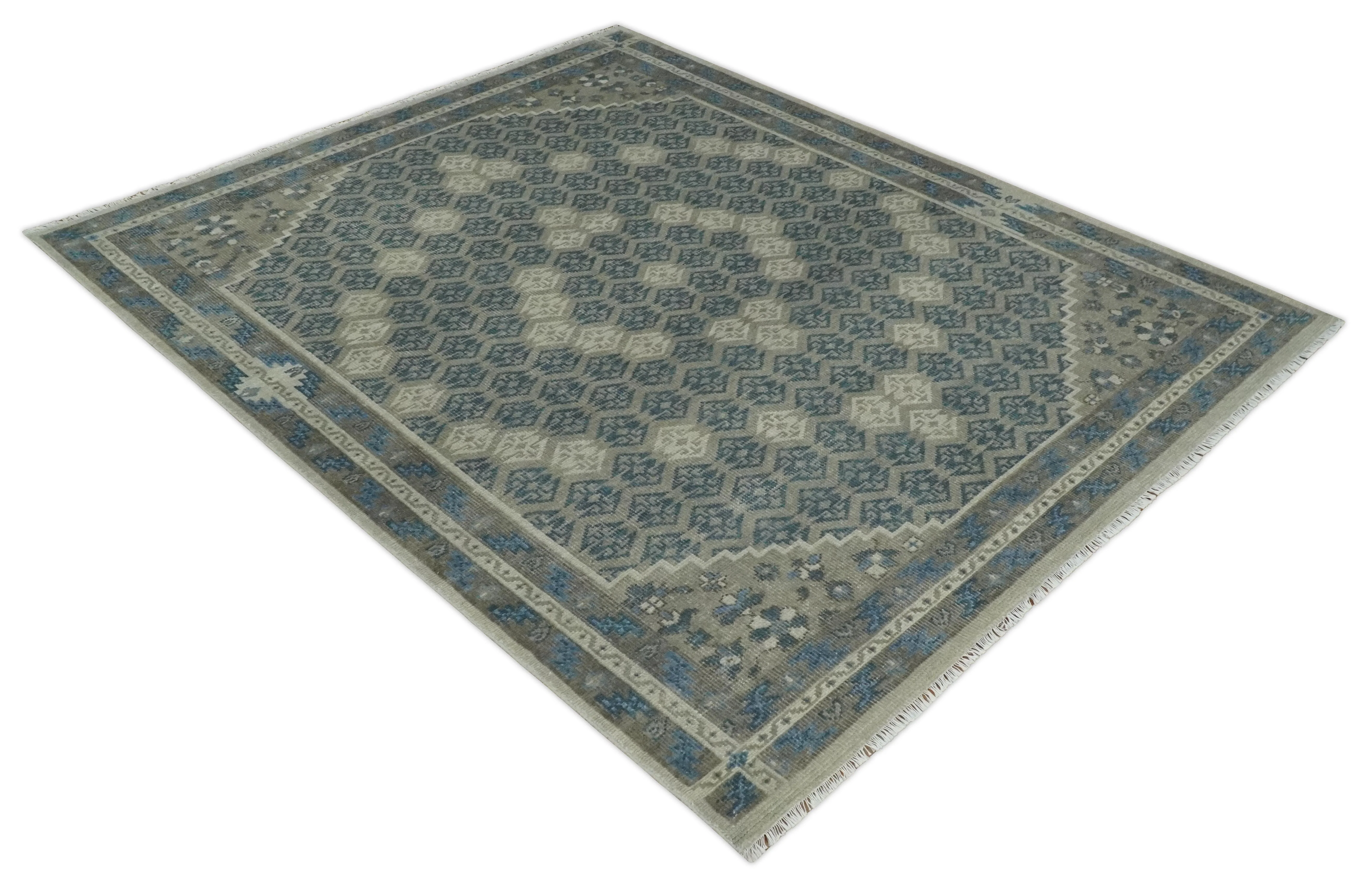 8x9.9 Gray, Ivory and Beige Honeycomb Traditional Hand Knotted Wool Area Rug - Image 9