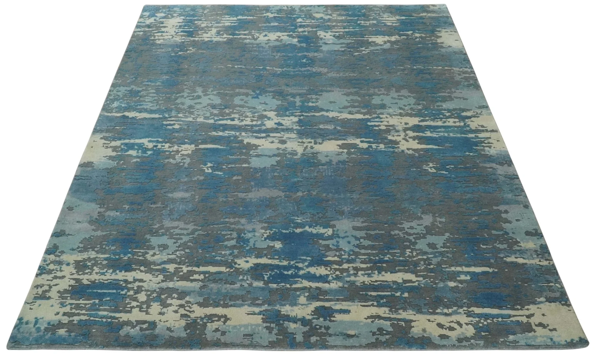 8x10 Hand Knotted Blue, Ivory and Charcoal Abstract Wool Area Rug - Image 10