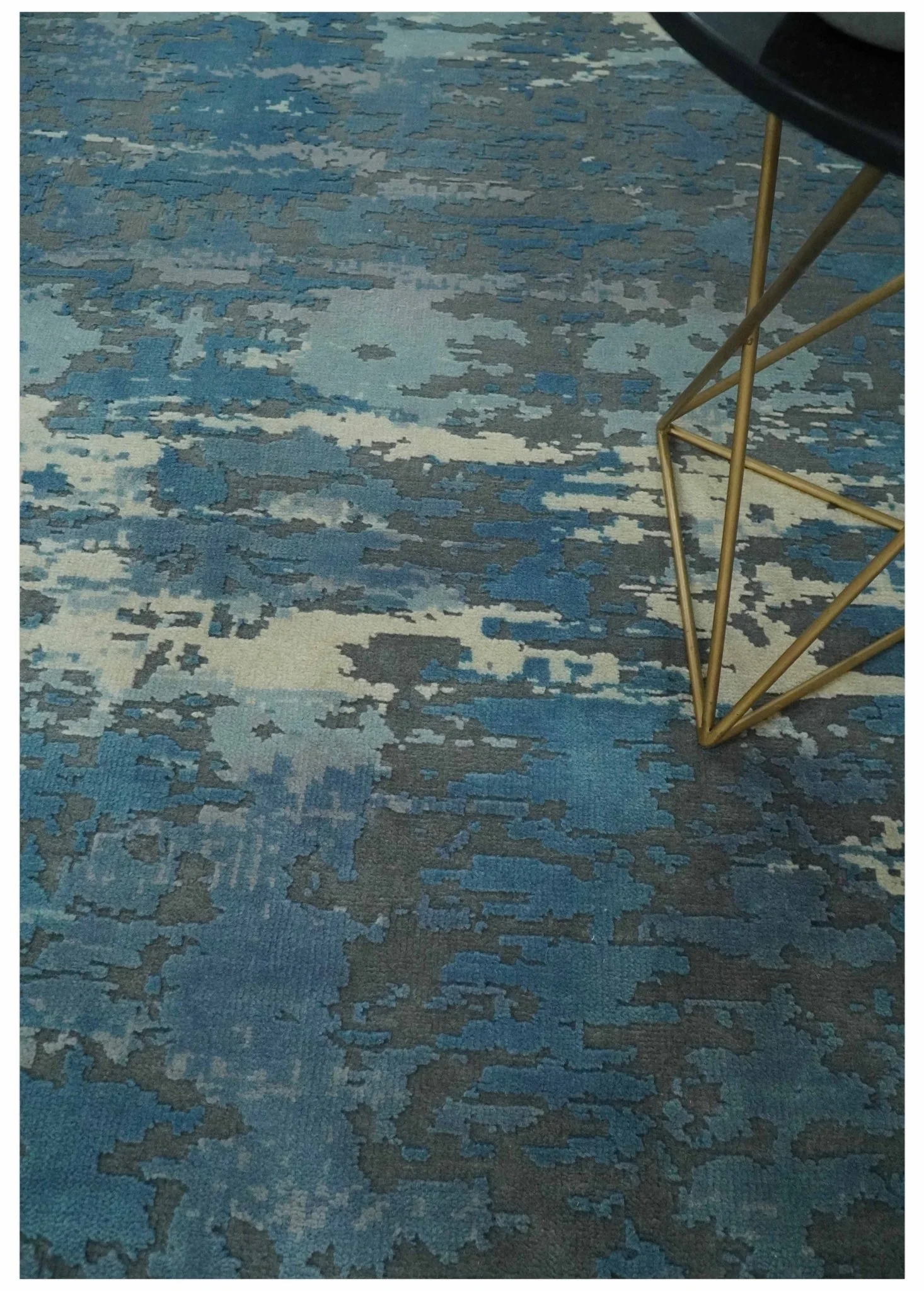 8x10 Hand Knotted Blue, Ivory and Charcoal Abstract Wool Area Rug - Image 2