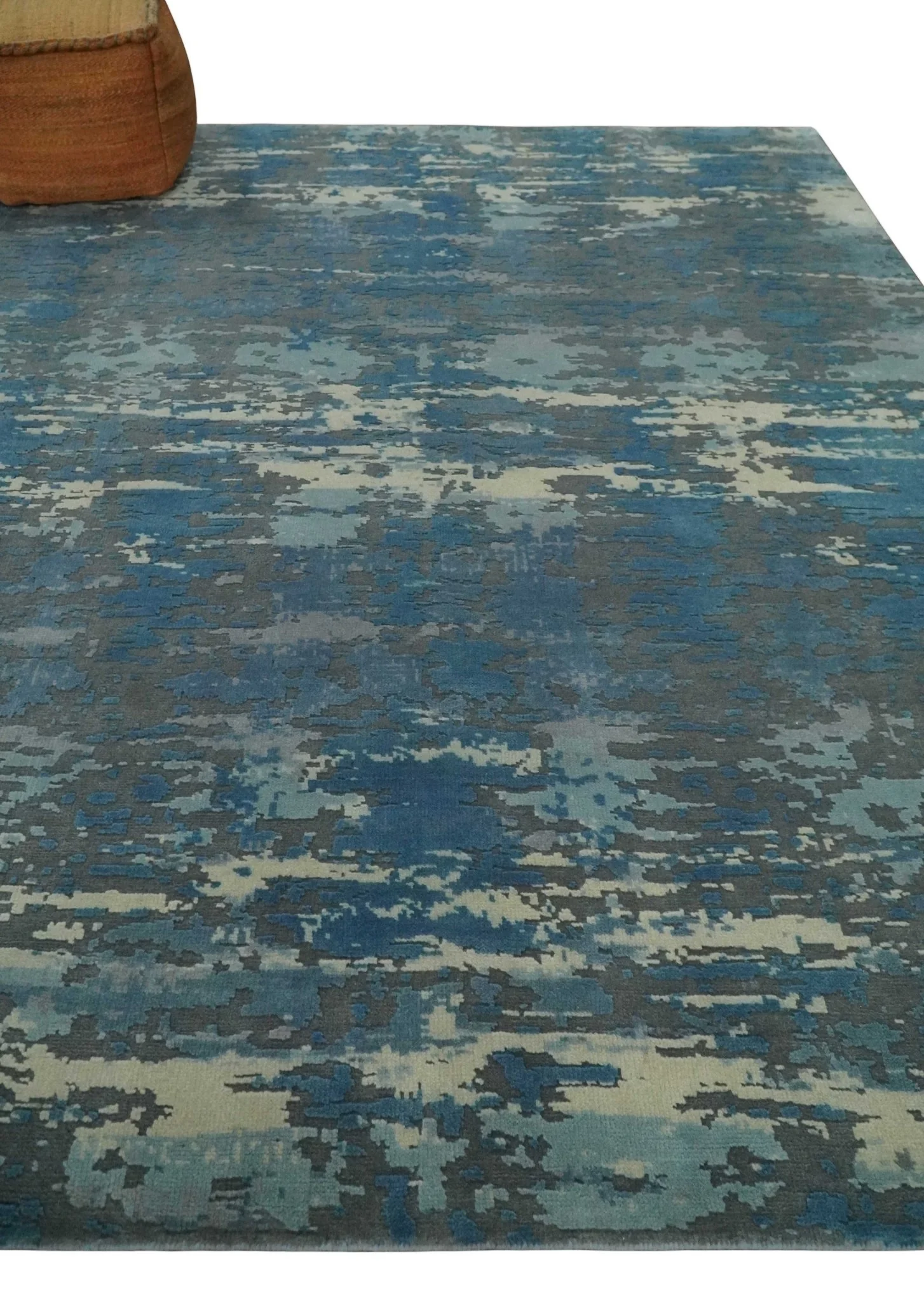 8x10 Hand Knotted Blue, Ivory and Charcoal Abstract Wool Area Rug - Image 3