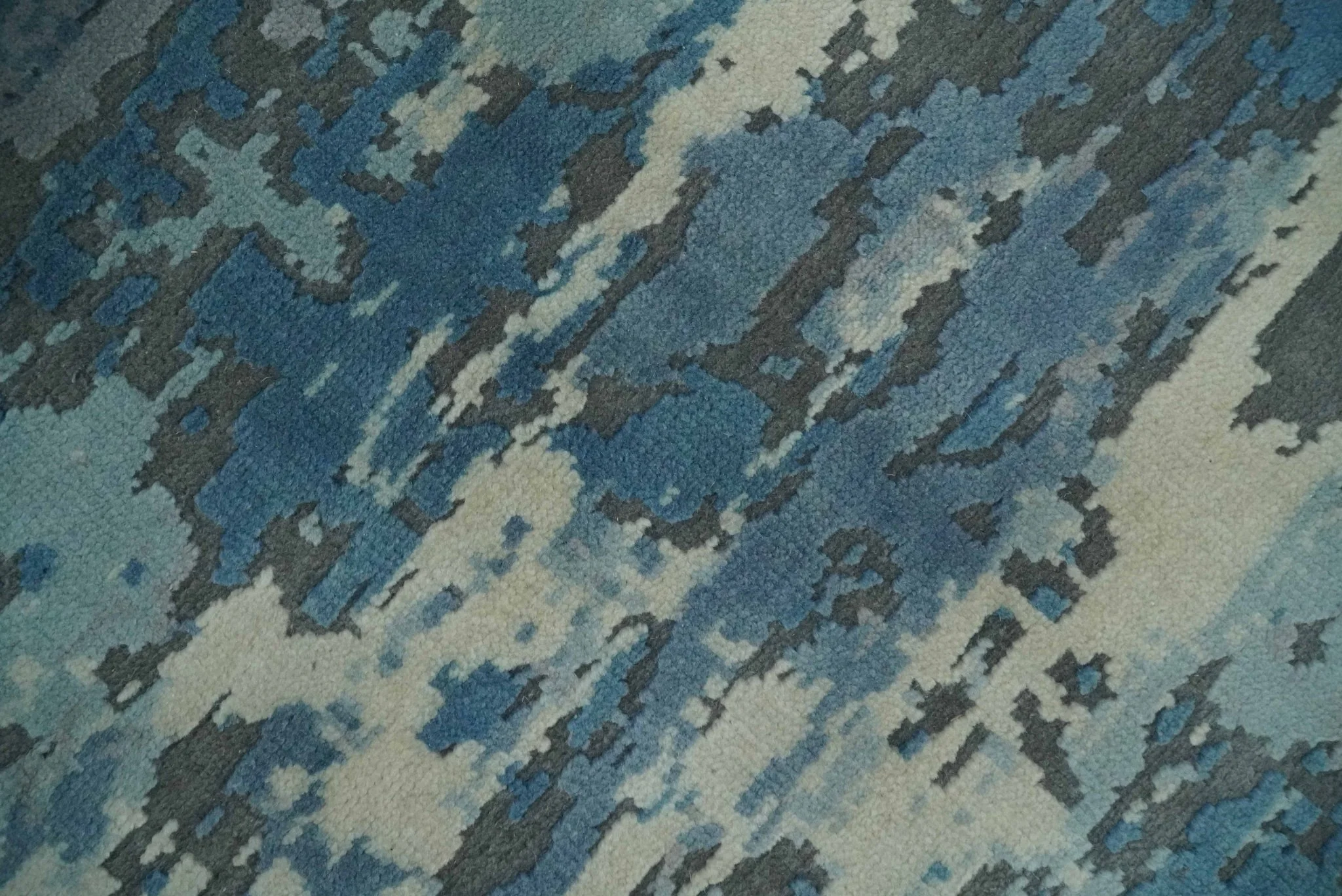 8x10 Hand Knotted Blue, Ivory and Charcoal Abstract Wool Area Rug - Image 4