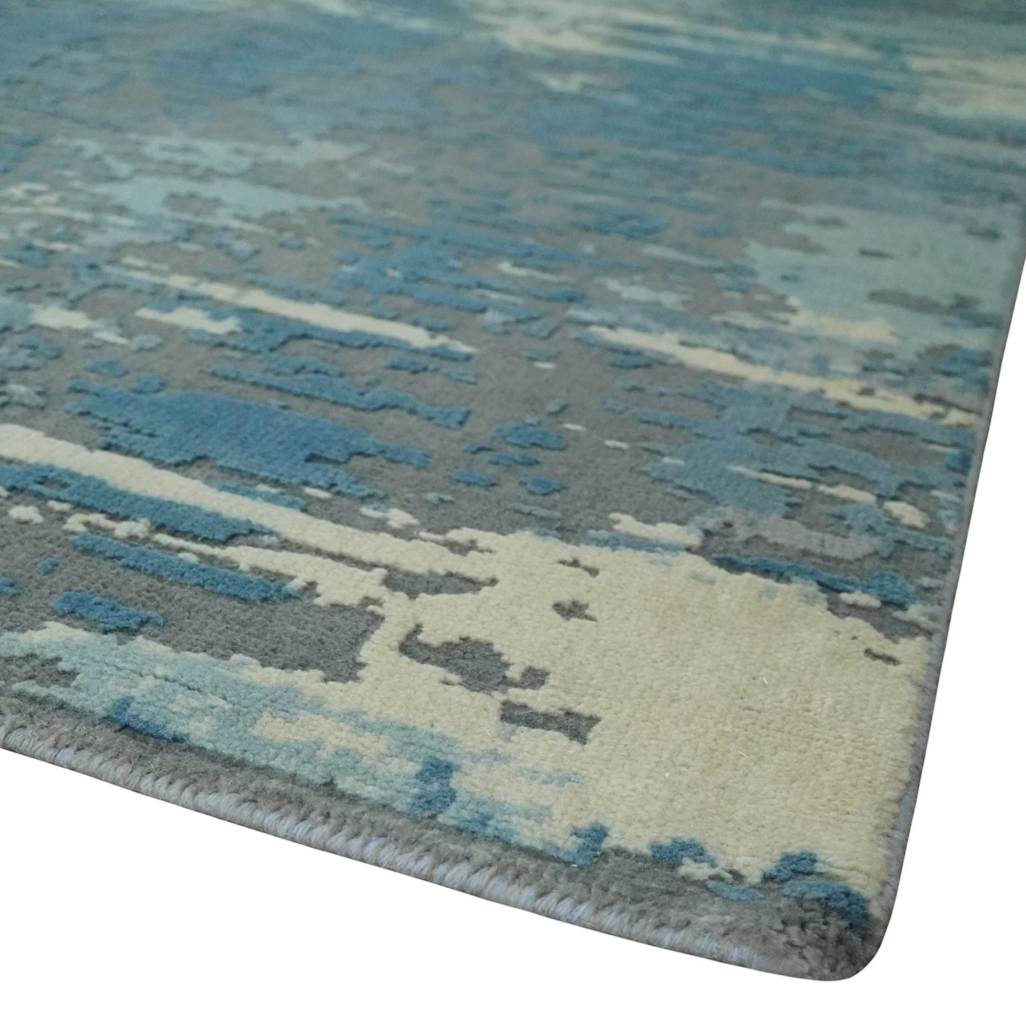 8x10 Hand Knotted Blue, Ivory and Charcoal Abstract Wool Area Rug - Image 5