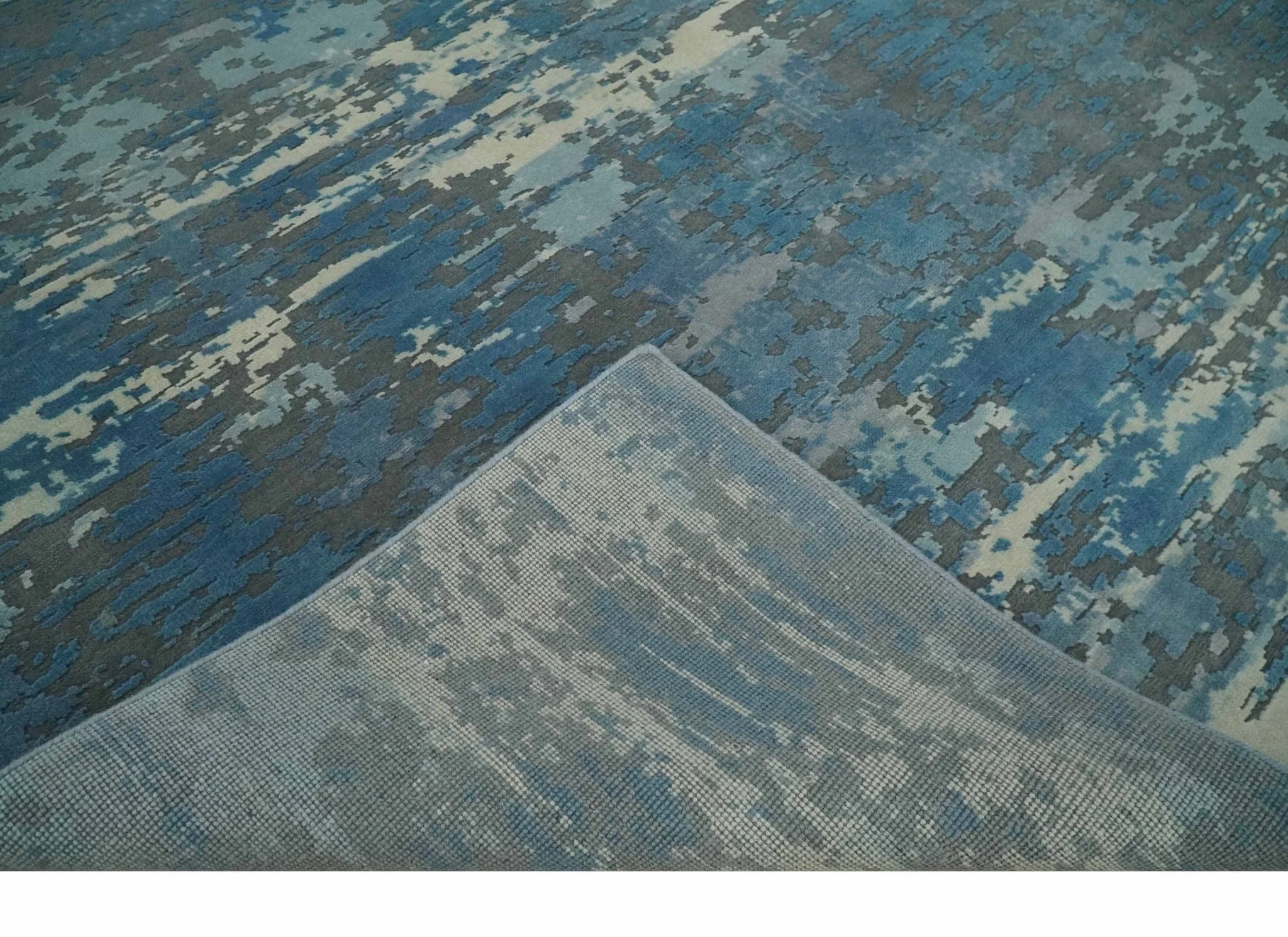 8x10 Hand Knotted Blue, Ivory and Charcoal Abstract Wool Area Rug - Image 6