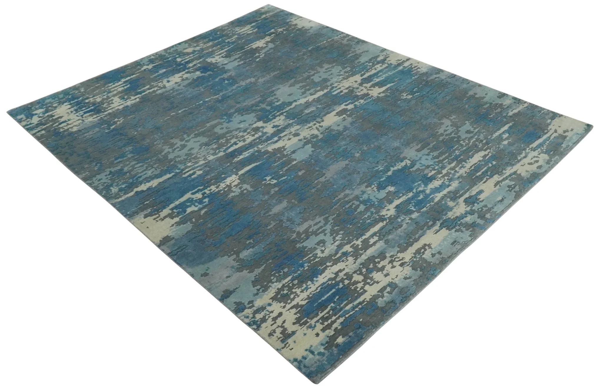 8x10 Hand Knotted Blue, Ivory and Charcoal Abstract Wool Area Rug - Image 9