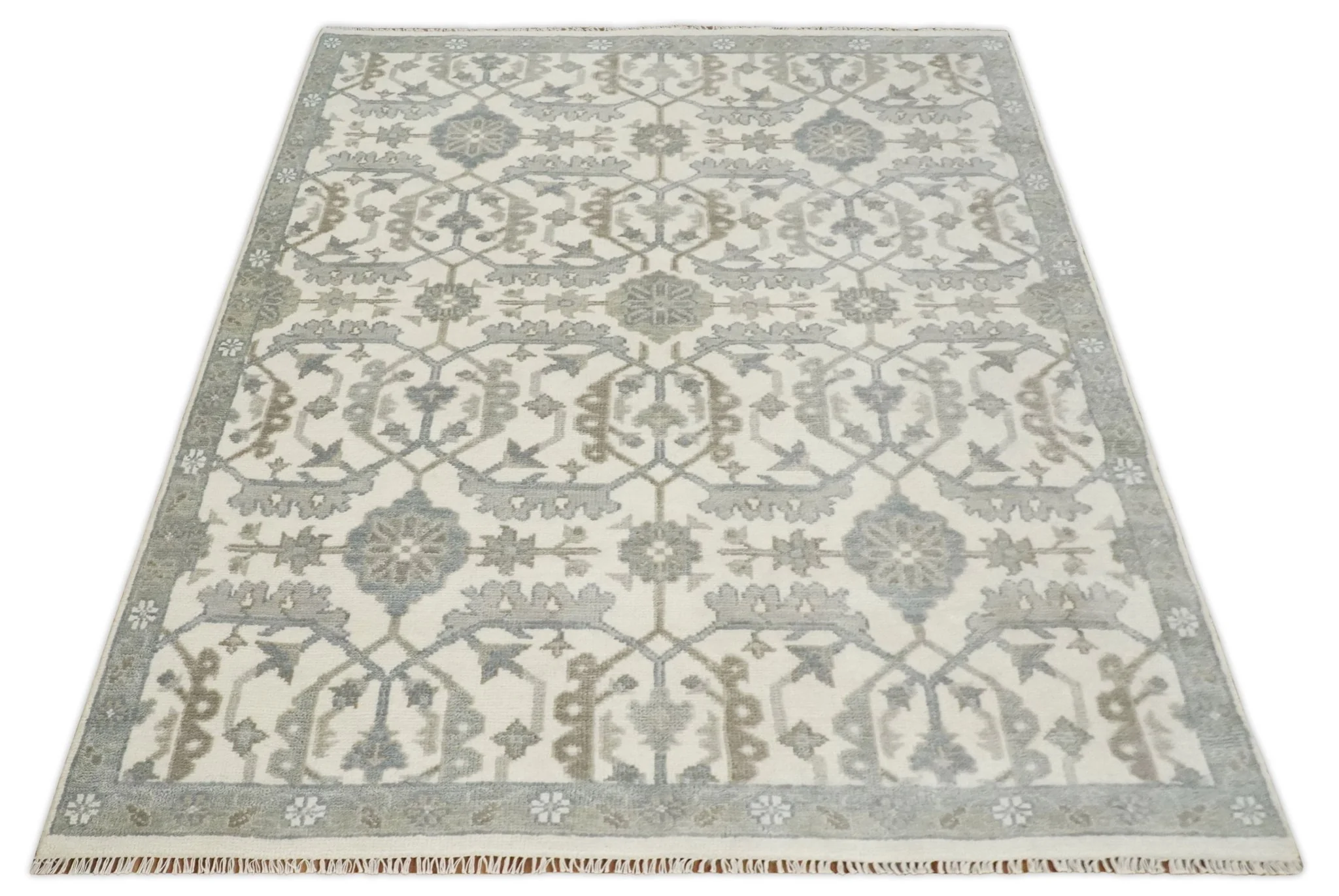 8x9 Hand Knotted Ivory and Silver Oriental Oushak Traditional Wool Area Rug - Image 10