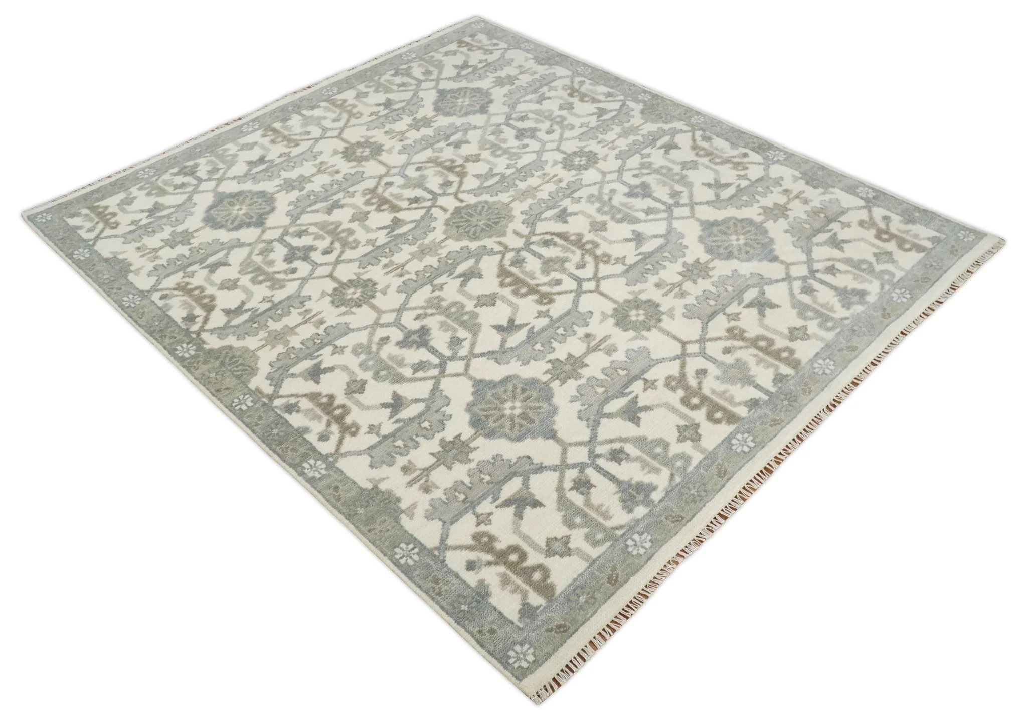 8x9 Hand Knotted Ivory and Silver Oriental Oushak Traditional Wool Area Rug - Image 9