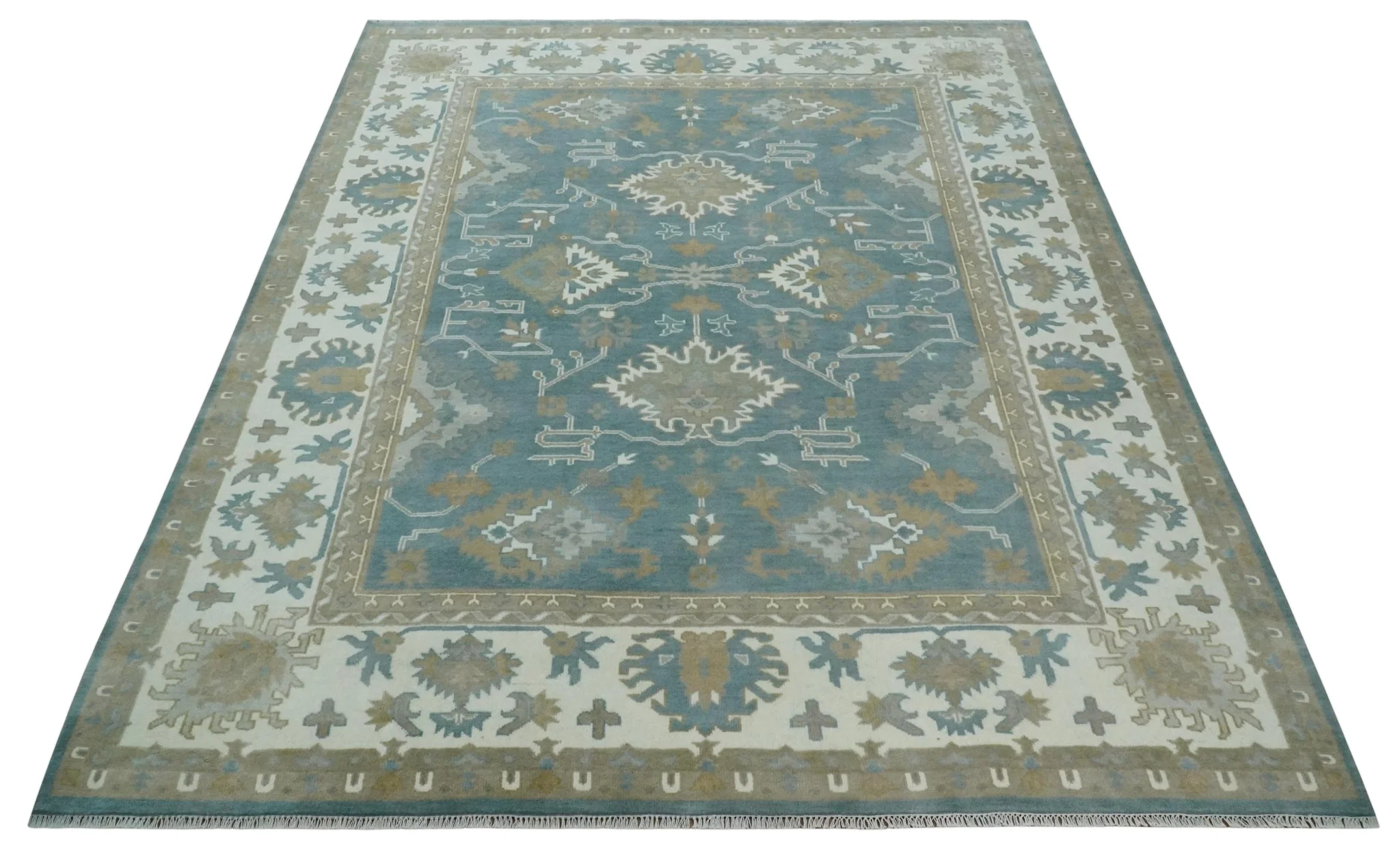 9.2x11.9 Hand Knotted Blue and Ivory Traditional Oushak Wool Area Rug - Image 10