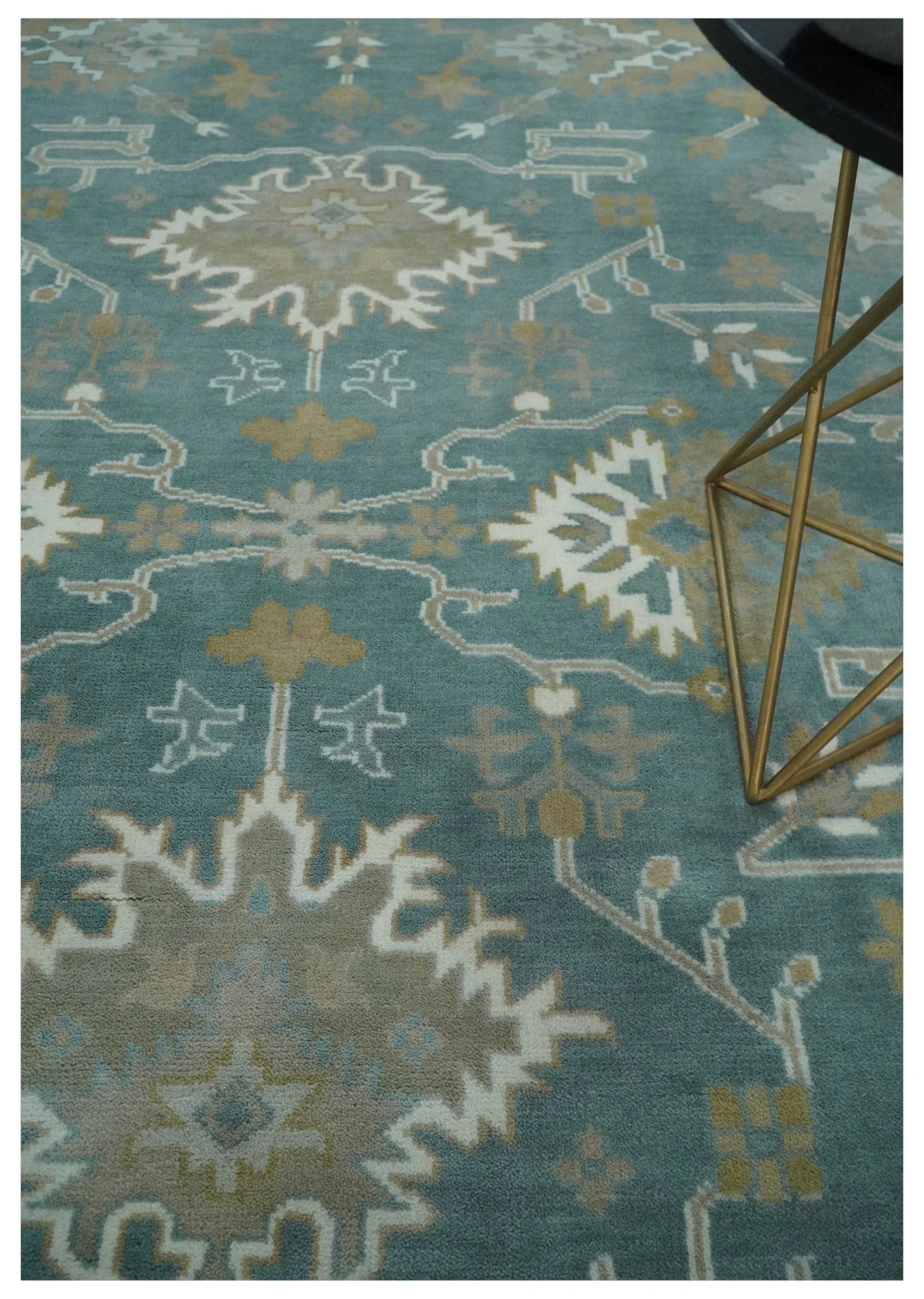 9.2x11.9 Hand Knotted Blue and Ivory Traditional Oushak Wool Area Rug - Image 2