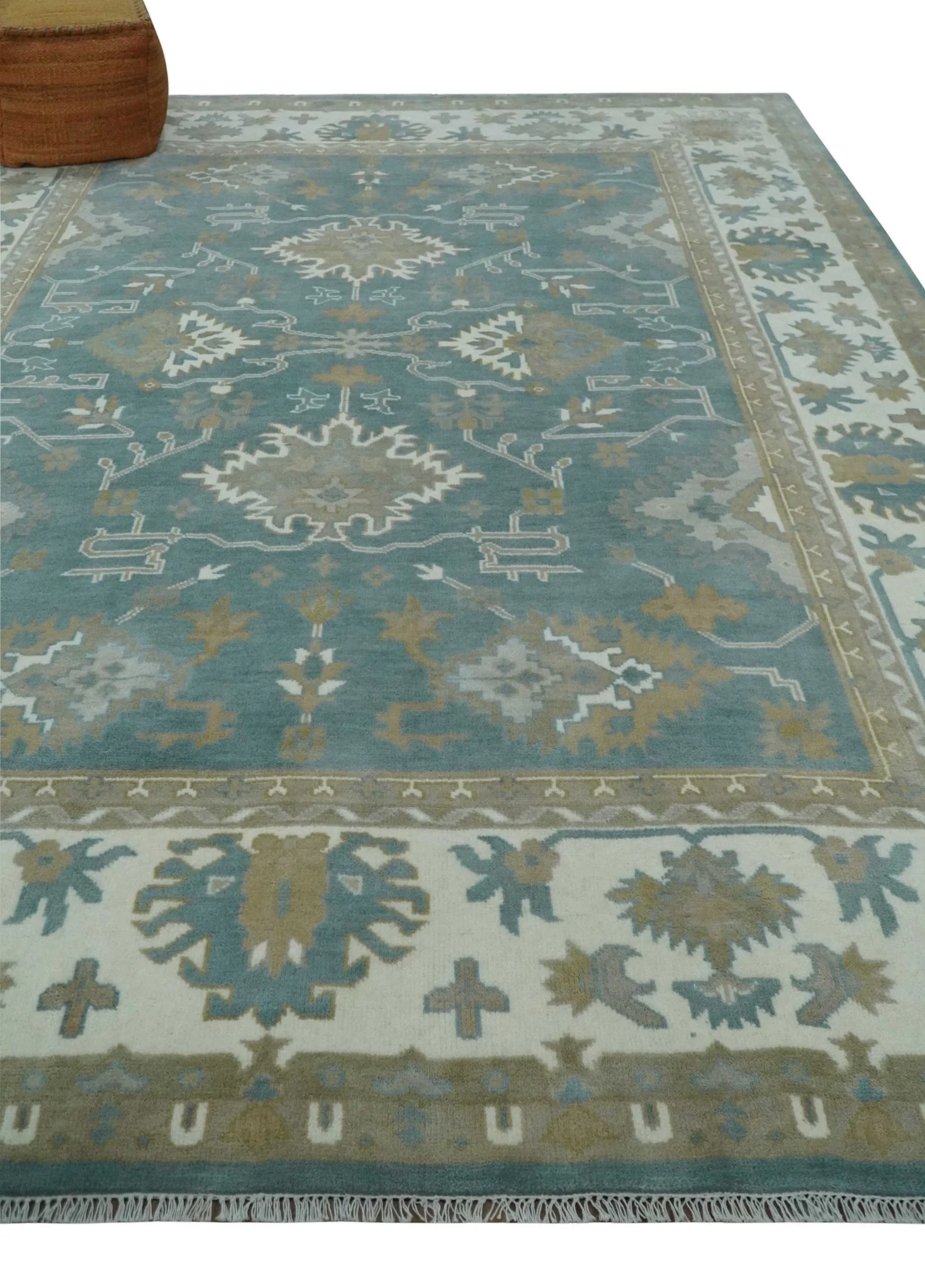 9.2x11.9 Hand Knotted Blue and Ivory Traditional Oushak Wool Area Rug - Image 3
