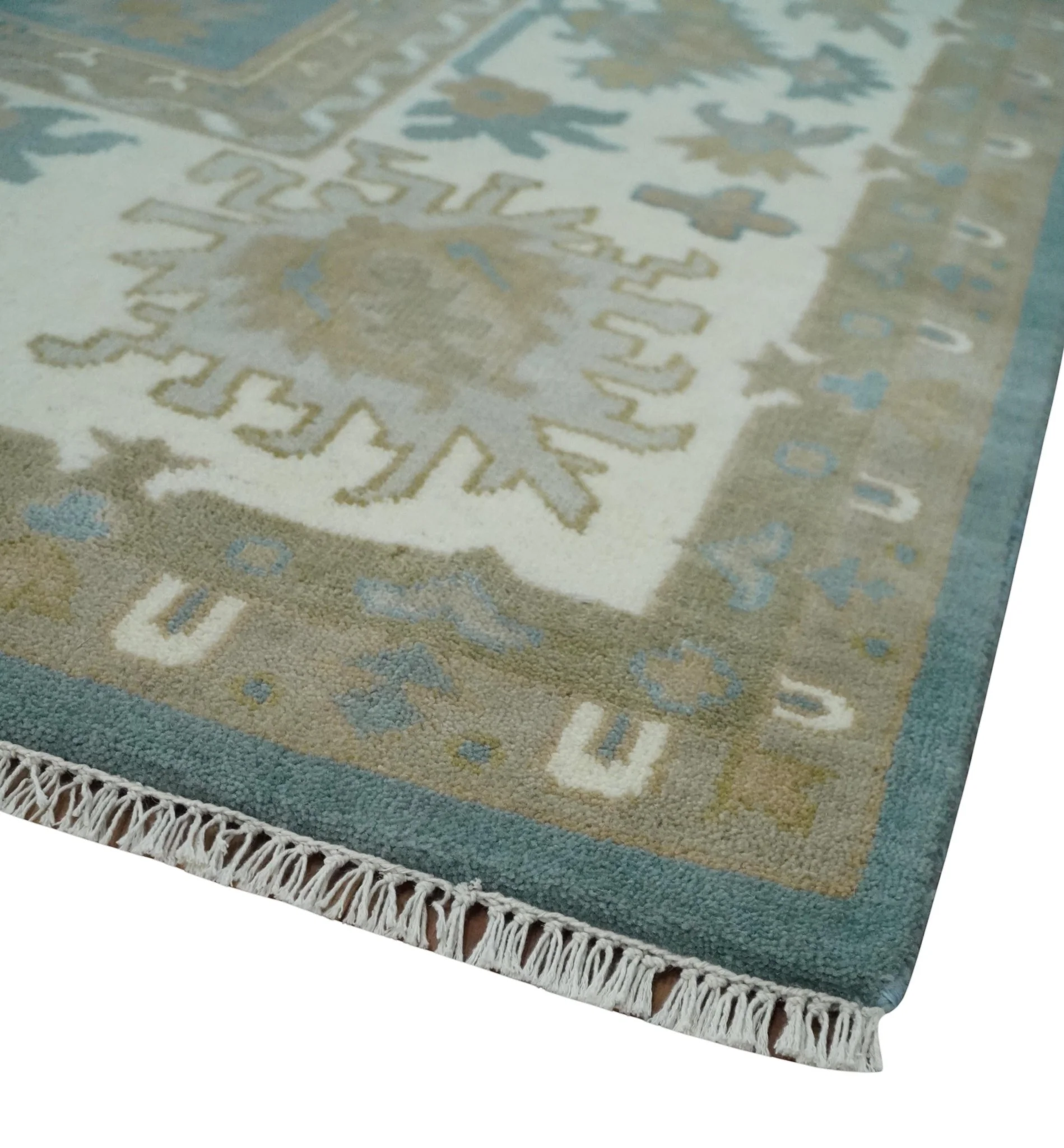 9.2x11.9 Hand Knotted Blue and Ivory Traditional Oushak Wool Area Rug - Image 5
