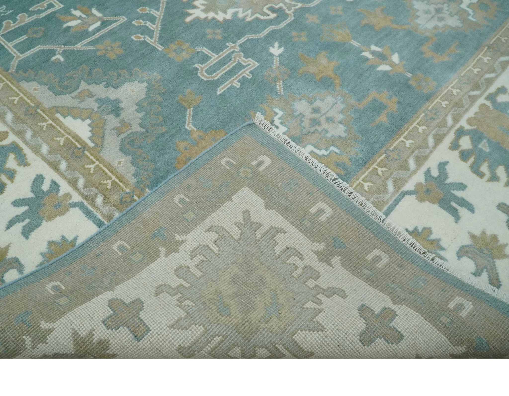 9.2x11.9 Hand Knotted Blue and Ivory Traditional Oushak Wool Area Rug - Image 7