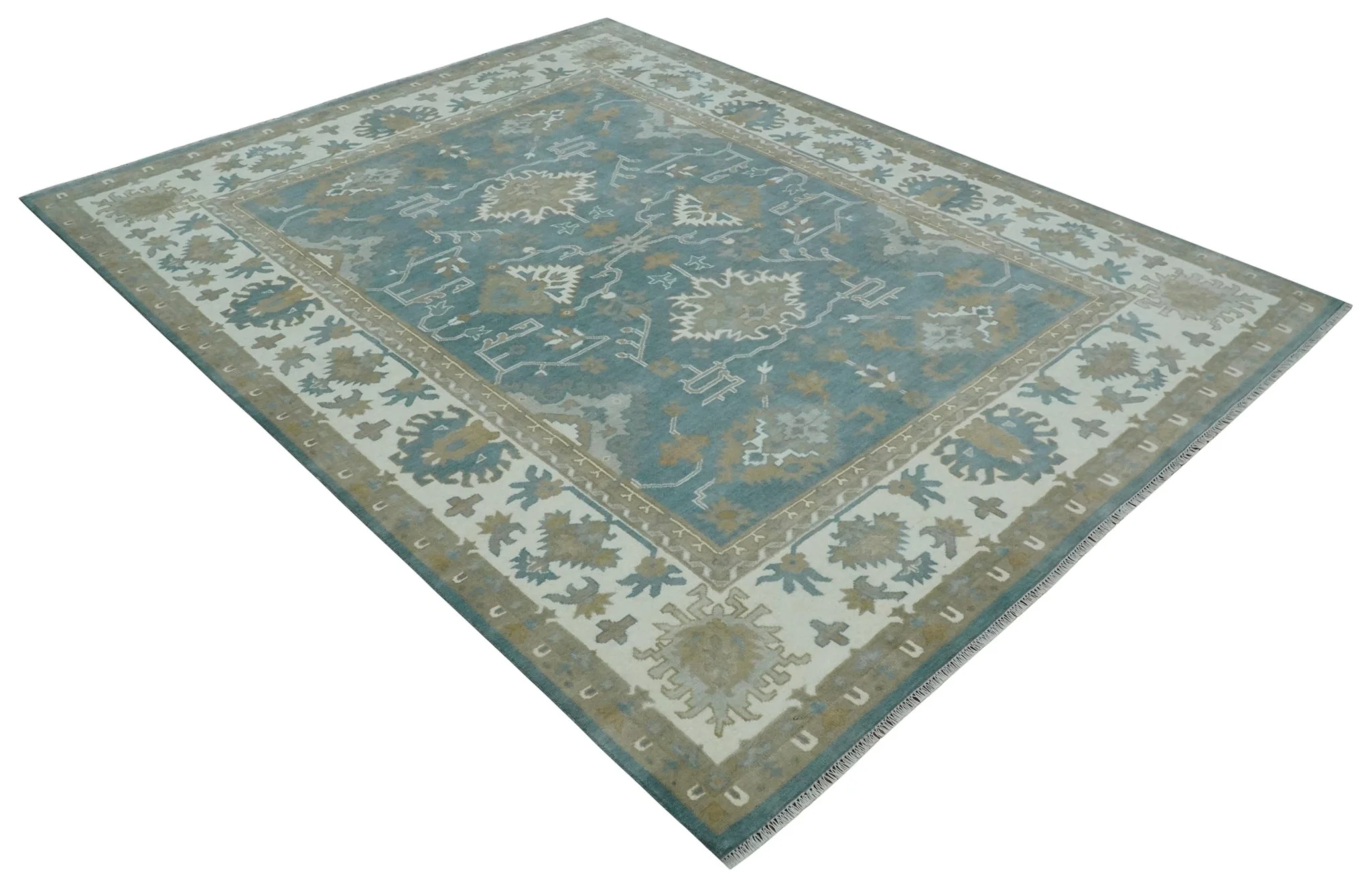 9.2x11.9 Hand Knotted Blue and Ivory Traditional Oushak Wool Area Rug - Image 9