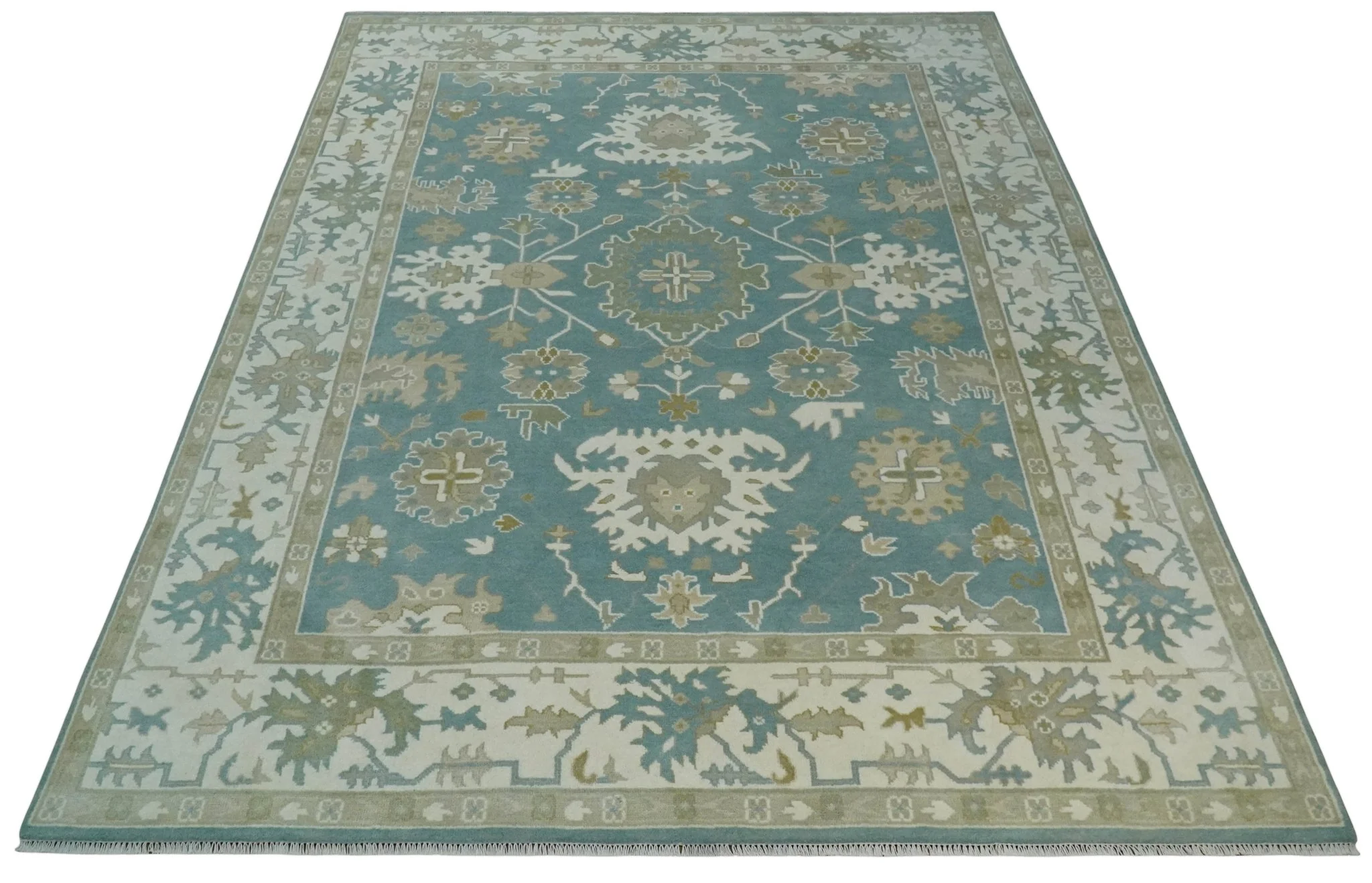 9.2x12.5 Hand Knotted Oriental Oushak Teal, Ivory and Beige Wool Area Rug - Image 10