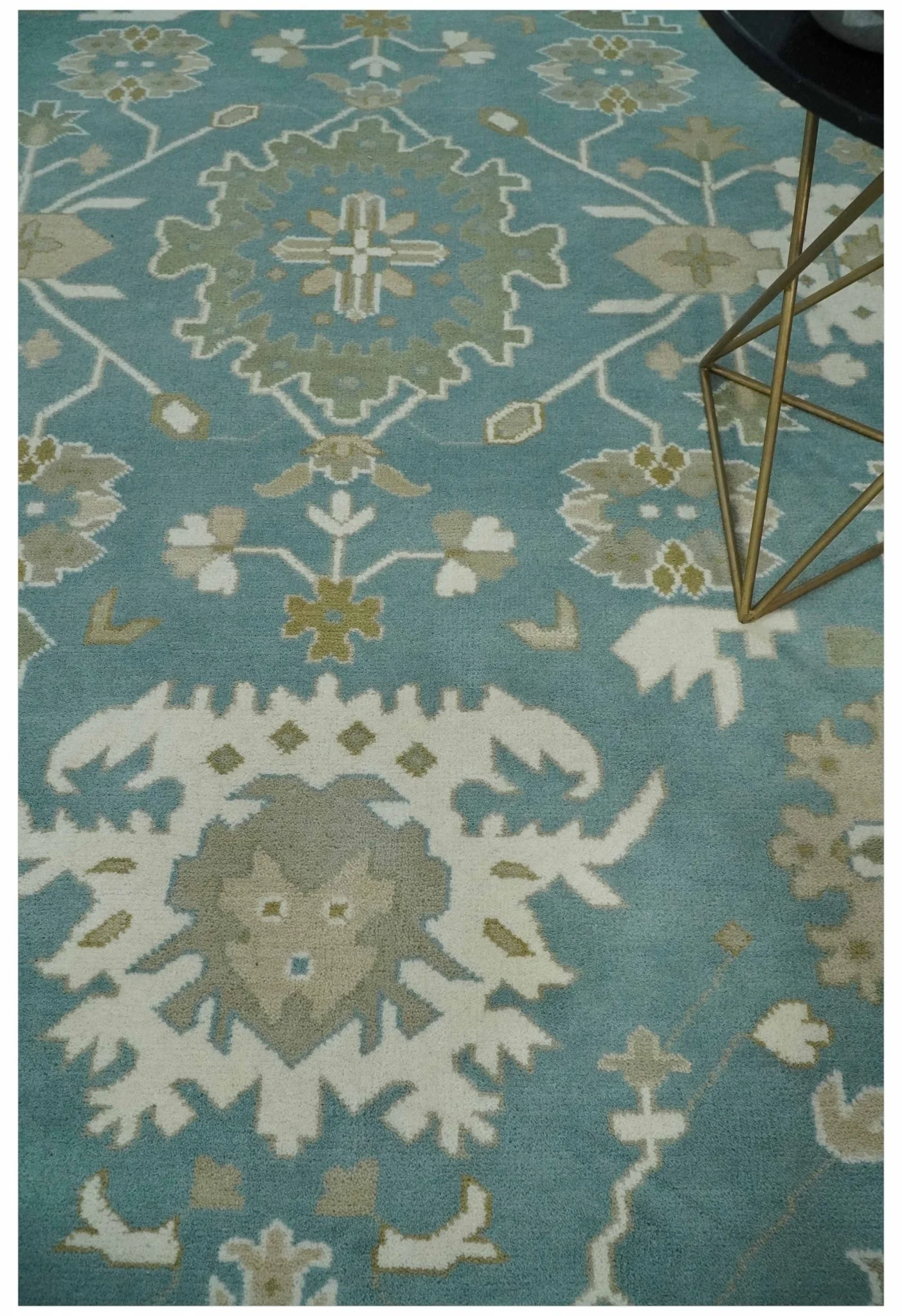 9.2x12.5 Hand Knotted Oriental Oushak Teal, Ivory and Beige Wool Area Rug - Image 2