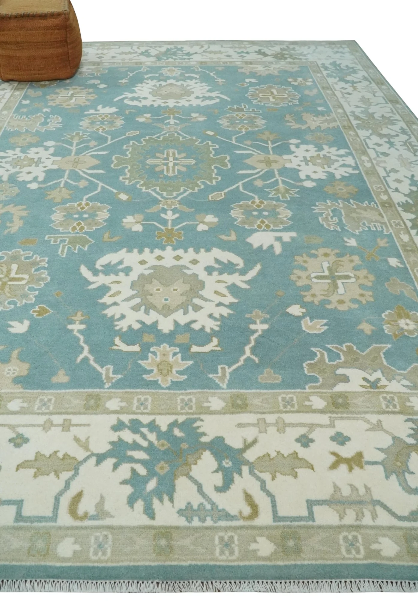 9.2x12.5 Hand Knotted Oriental Oushak Teal, Ivory and Beige Wool Area Rug - Image 3