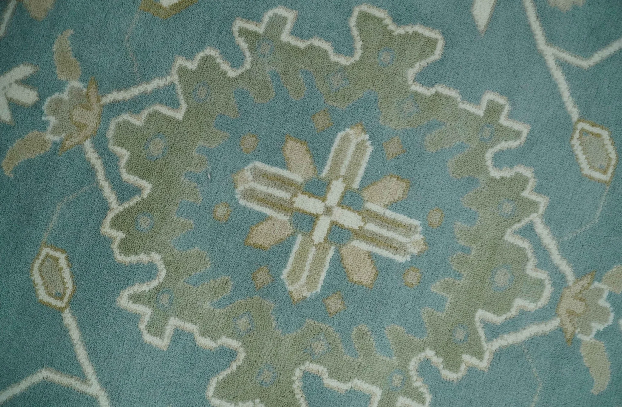 9.2x12.5 Hand Knotted Oriental Oushak Teal, Ivory and Beige Wool Area Rug - Image 4